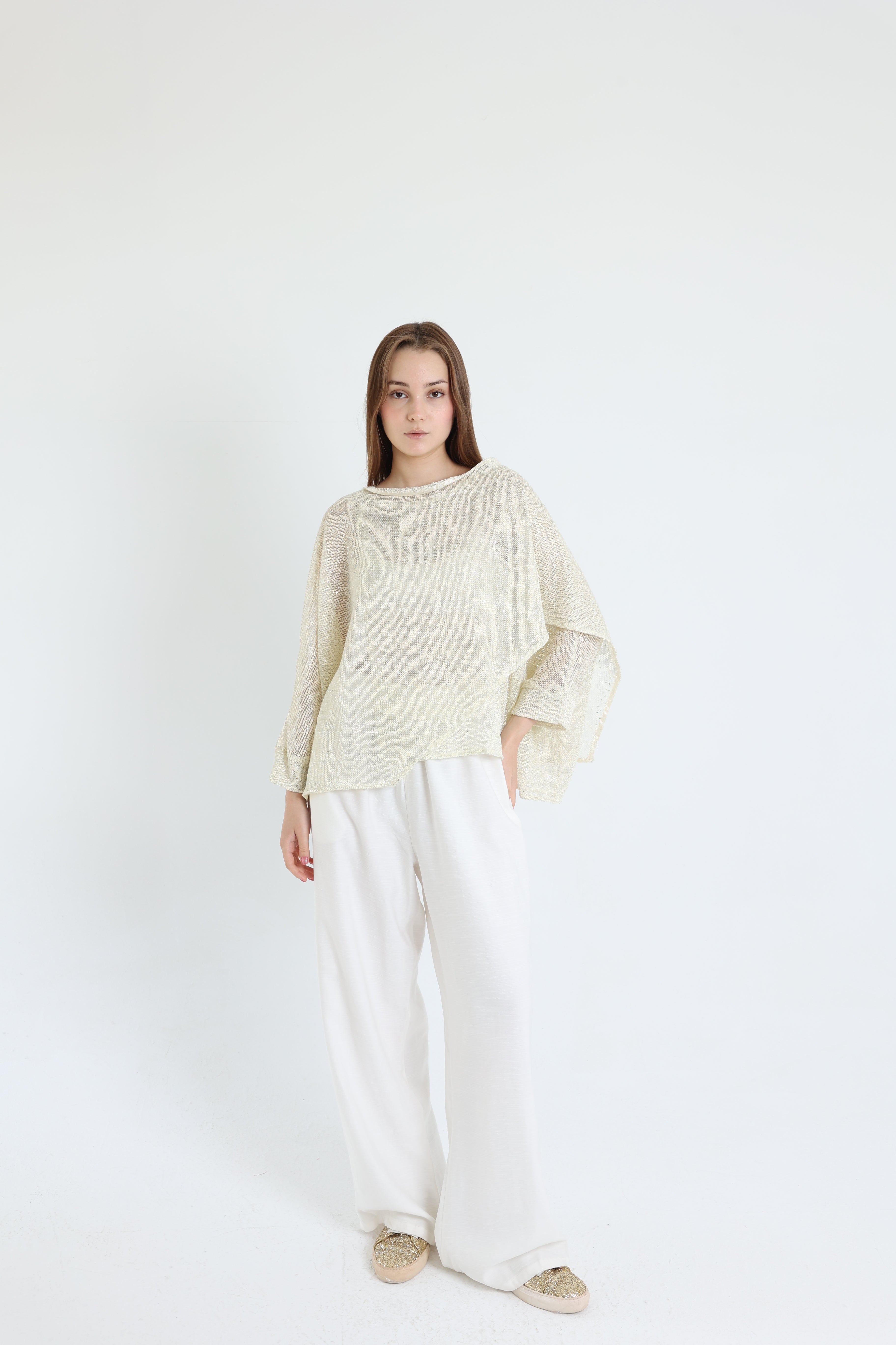 Off-white mesh shawl blouse