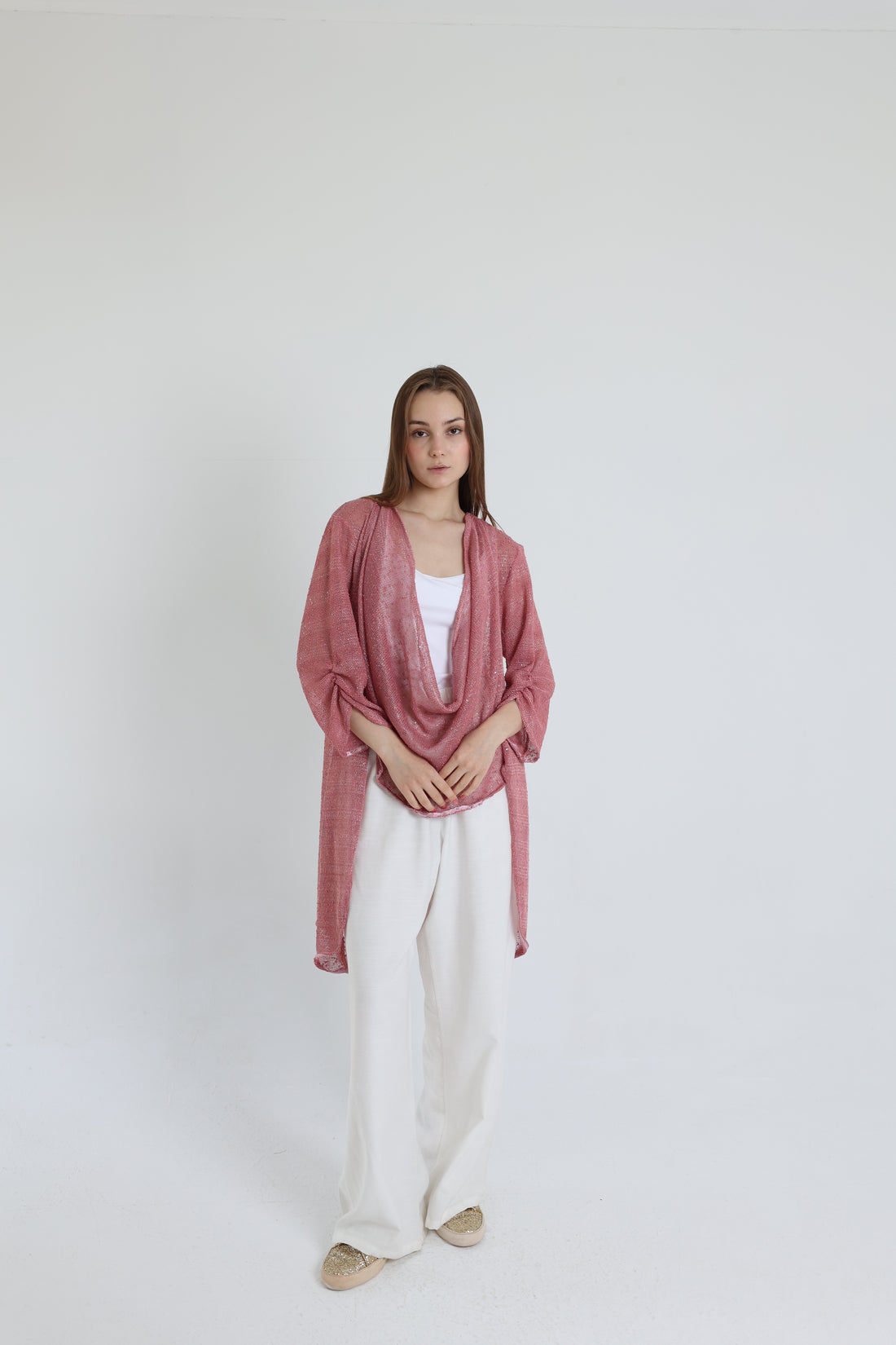 Pink mesh high-low blouse