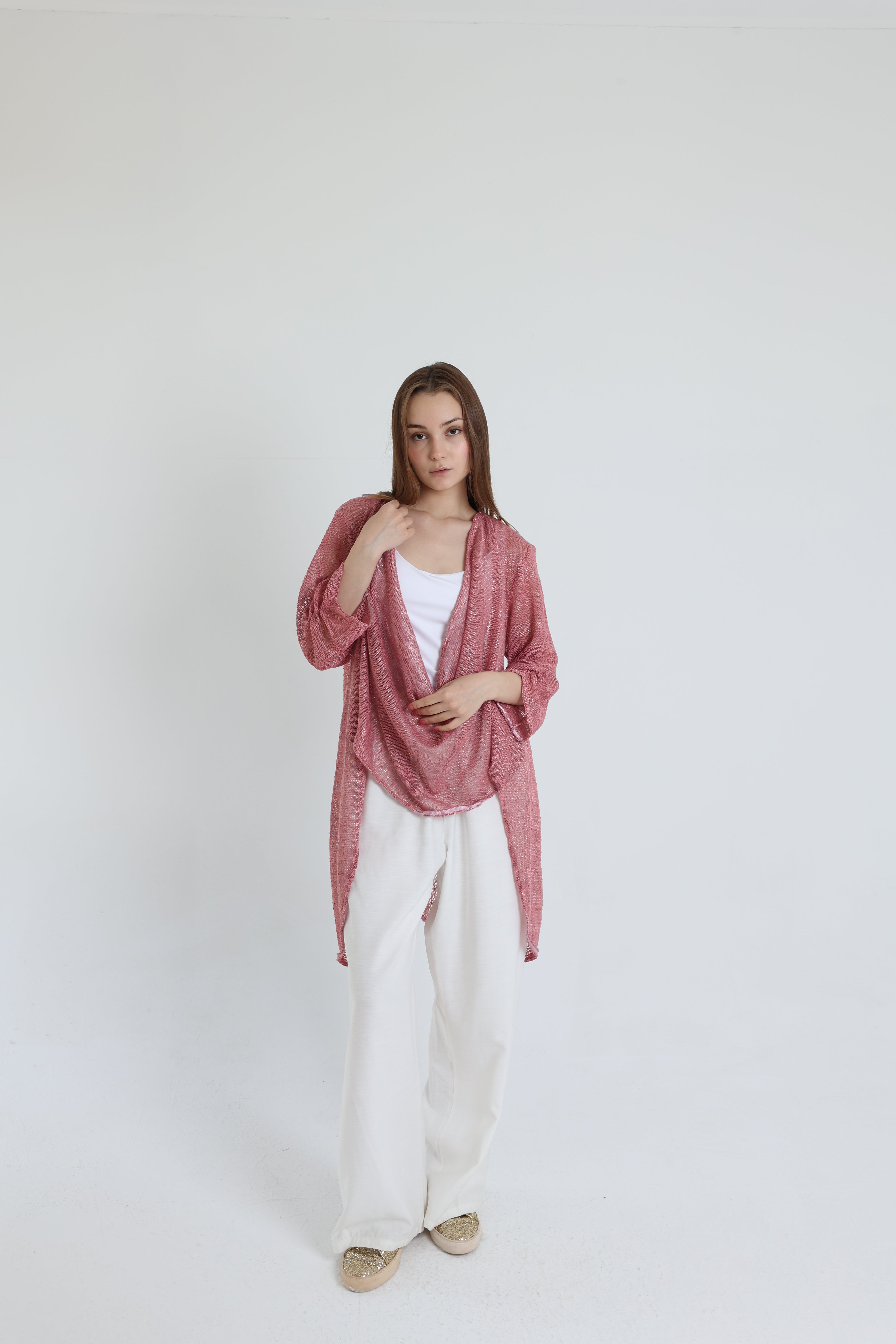 Pink mesh high-low blouse