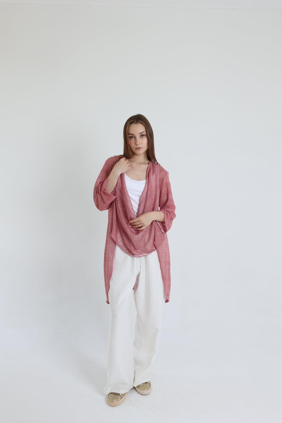 Pink mesh high-low blouse
