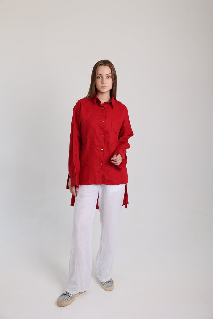 Red High-Low Linen Shirt