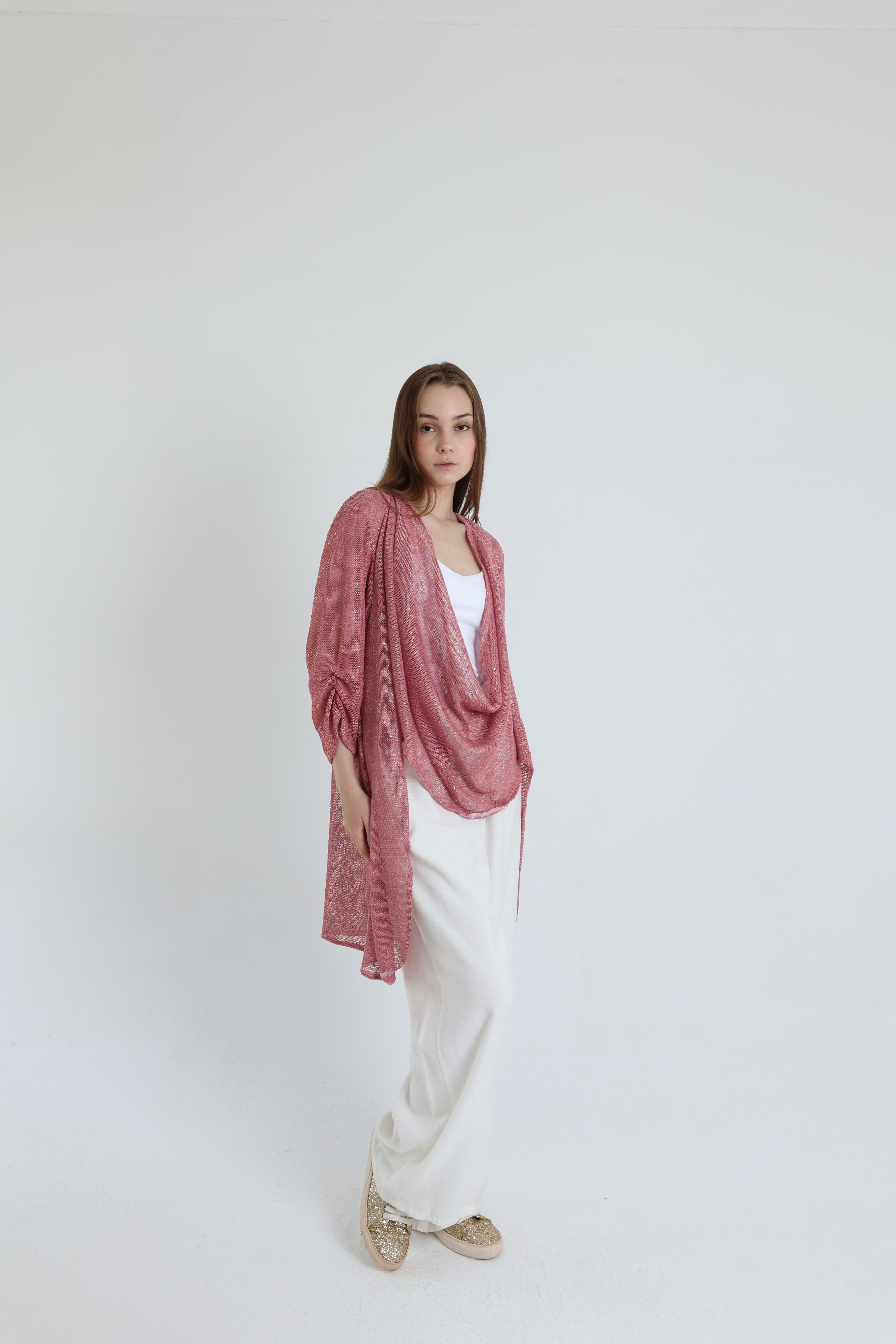 Pink mesh high-low blouse
