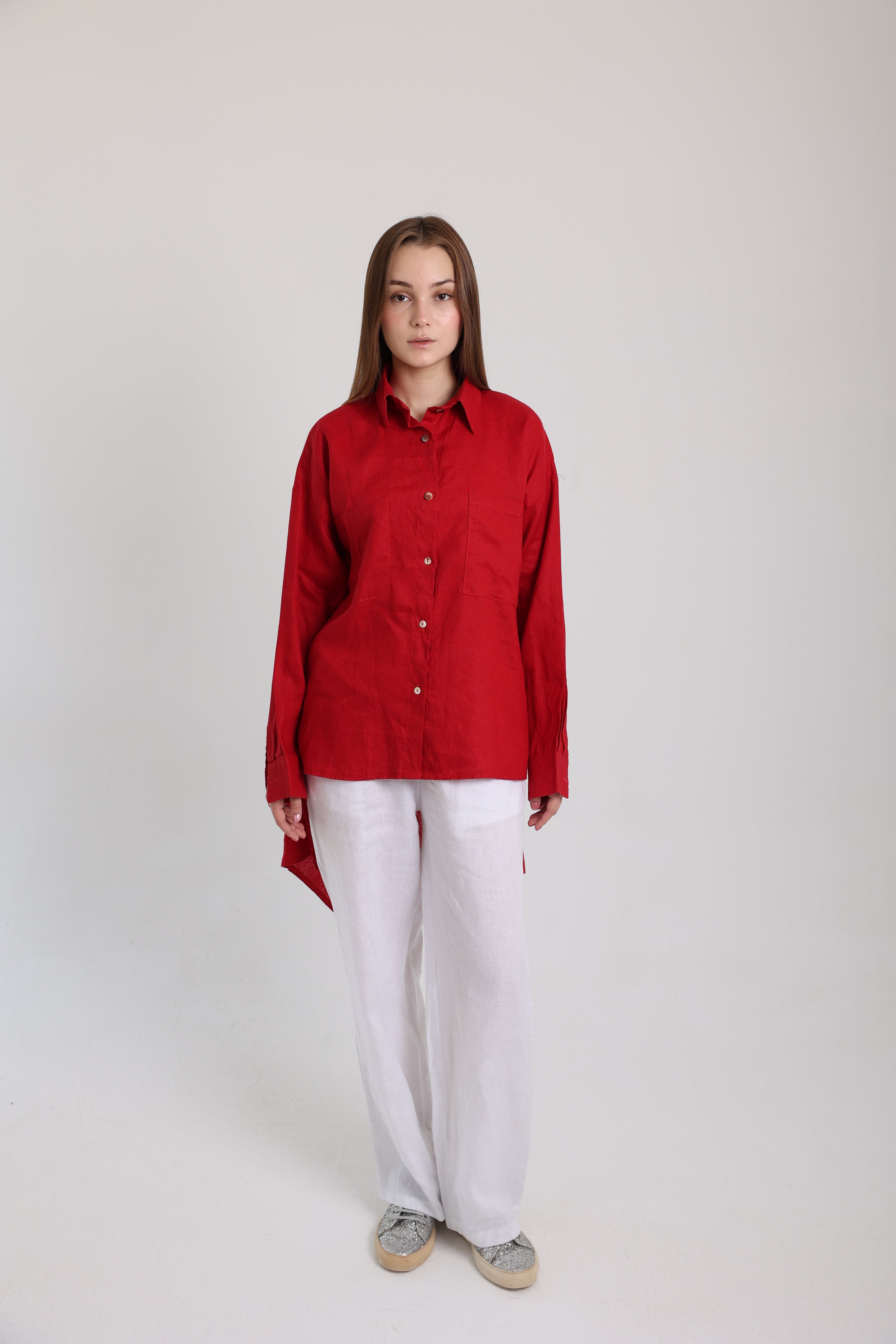 Red High-Low Linen Shirt