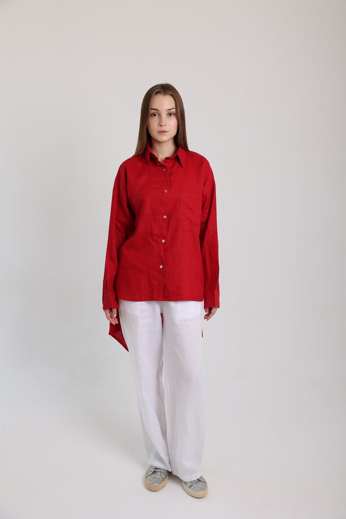 Red High-Low Linen Shirt