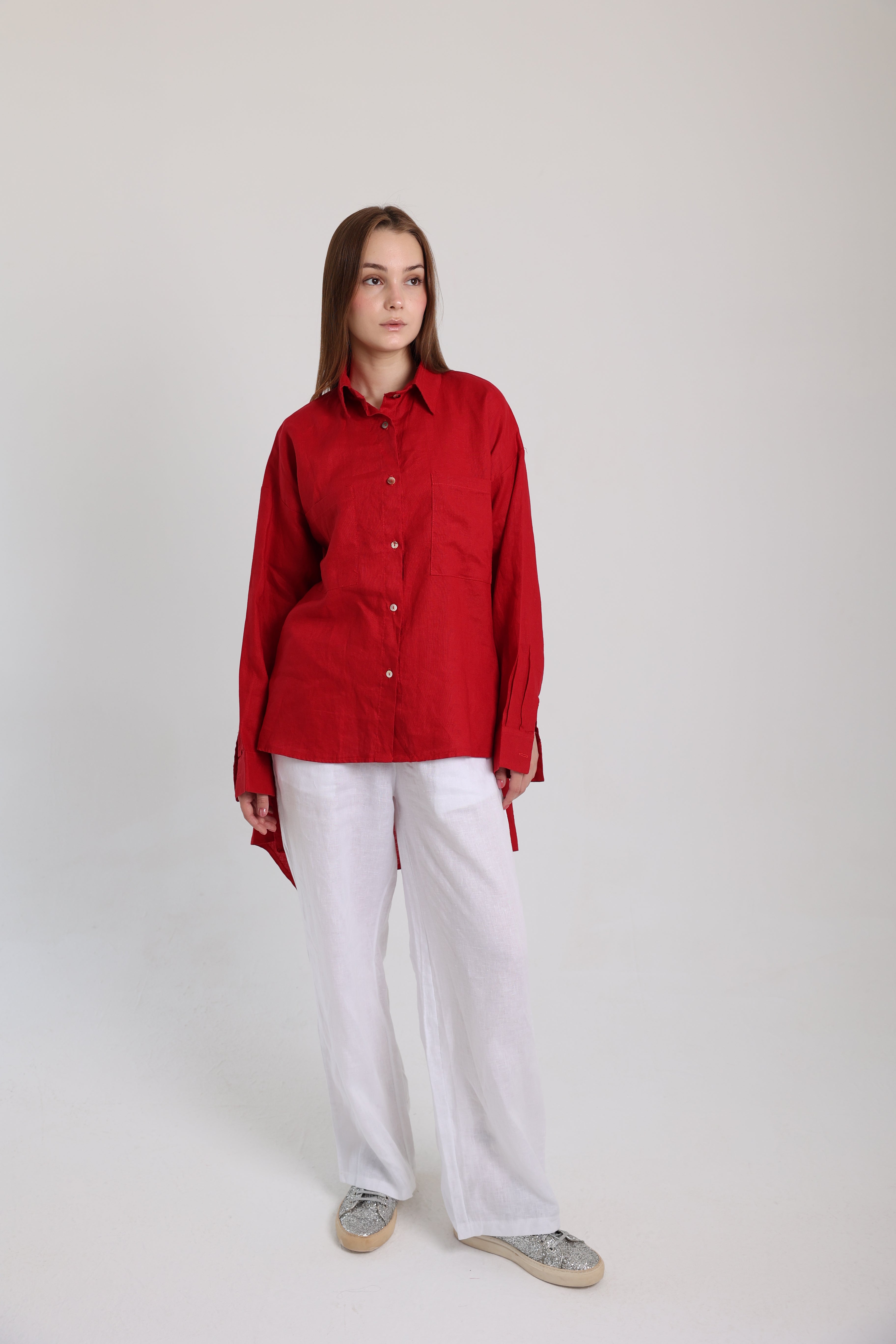 Red High-Low Linen Shirt