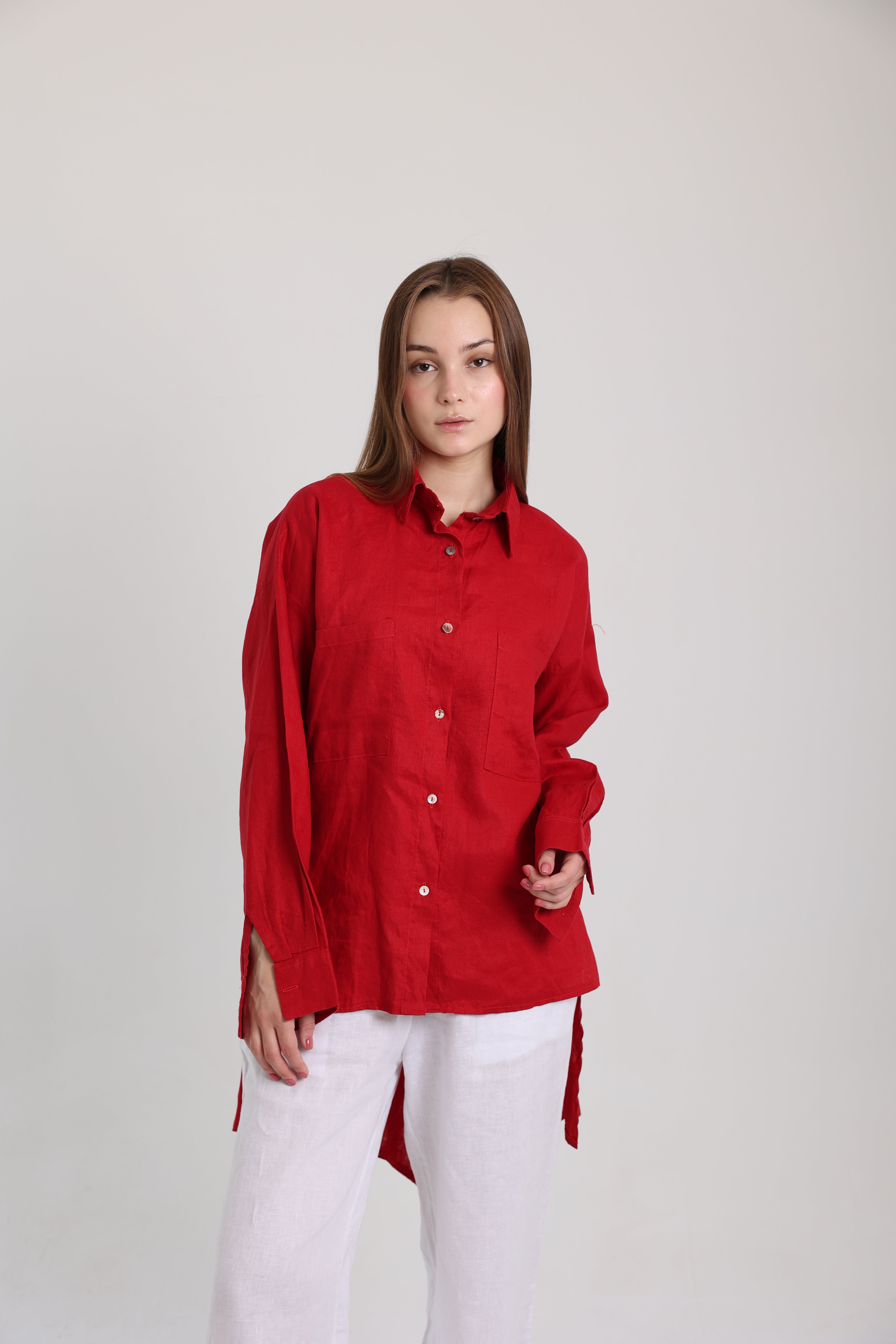 Red High-Low Linen Shirt