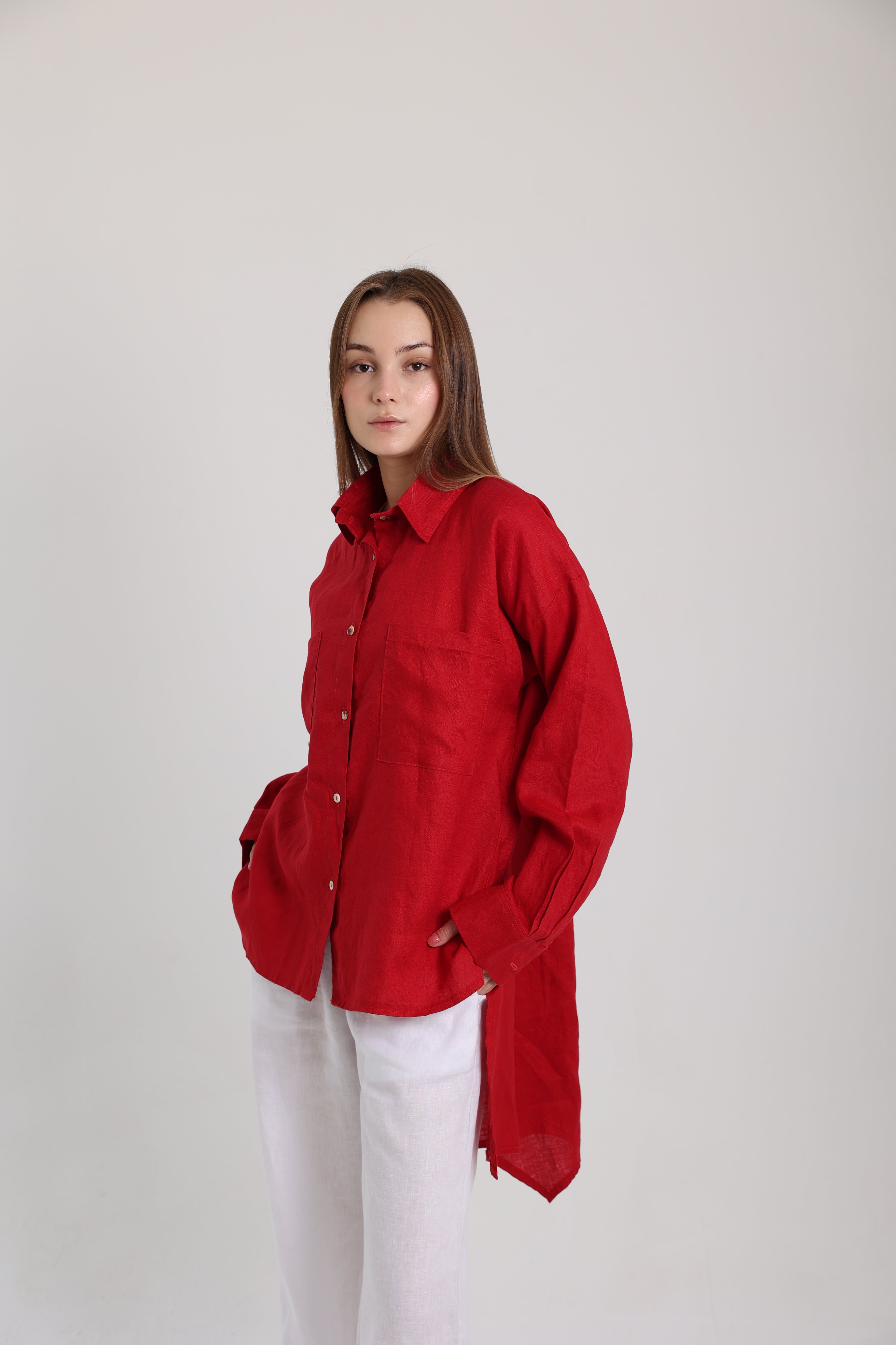 Red High-Low Linen Shirt