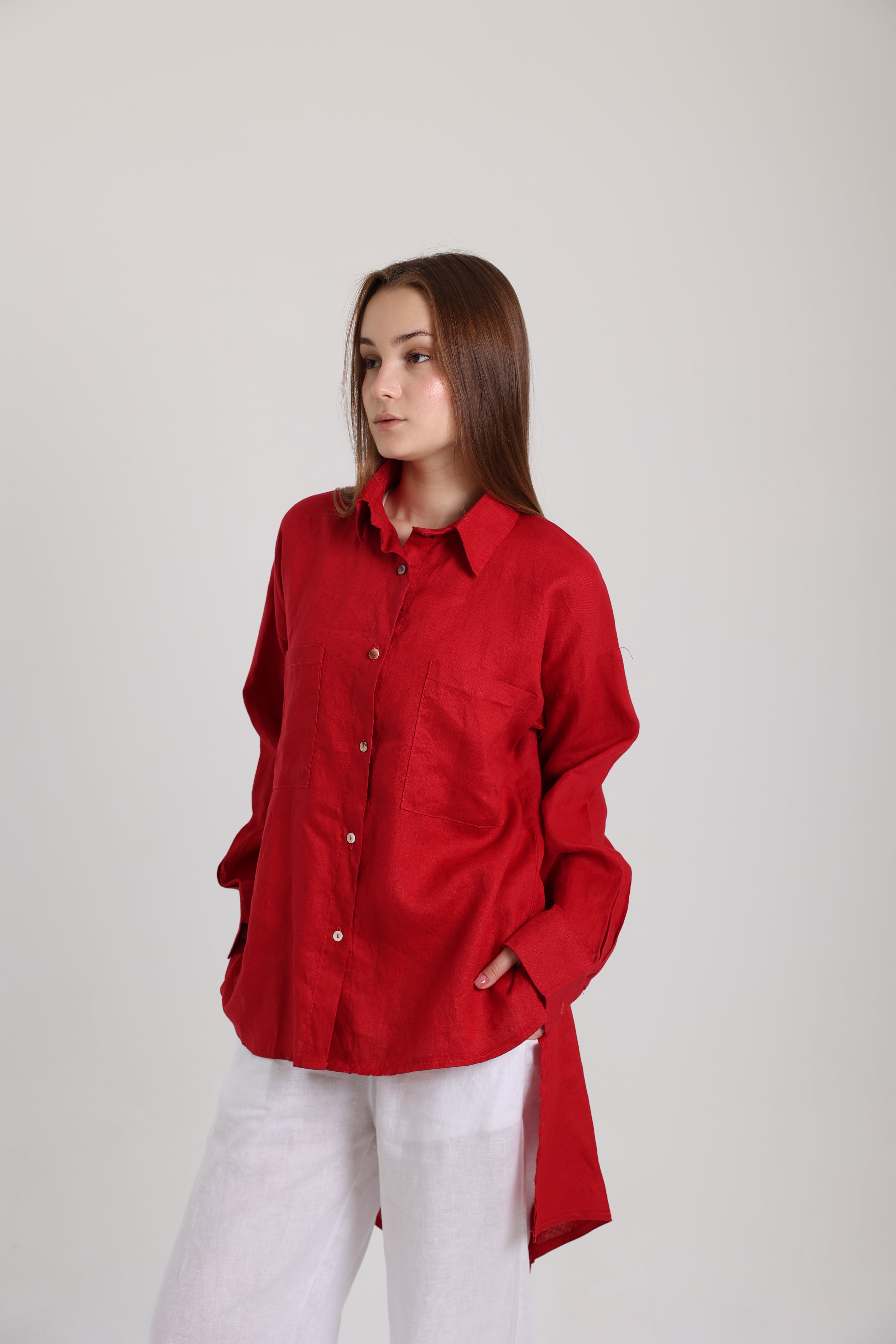 Red High-Low Linen Shirt
