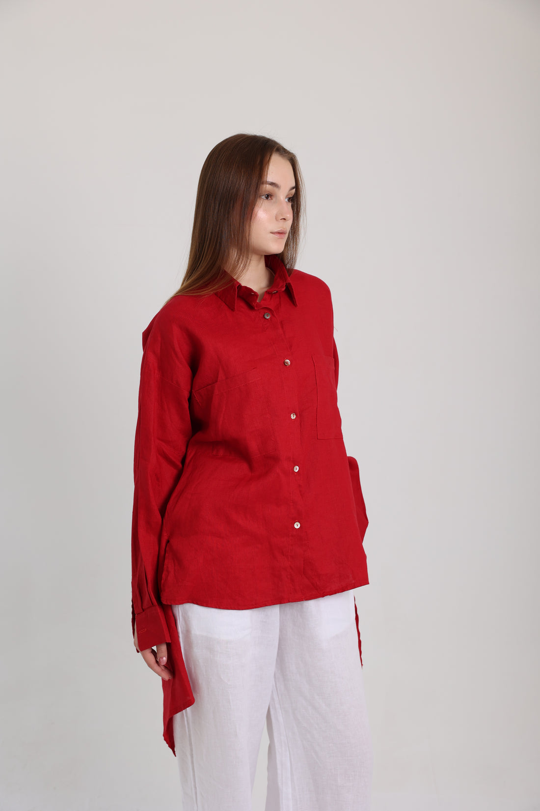 Red High-Low Linen Shirt