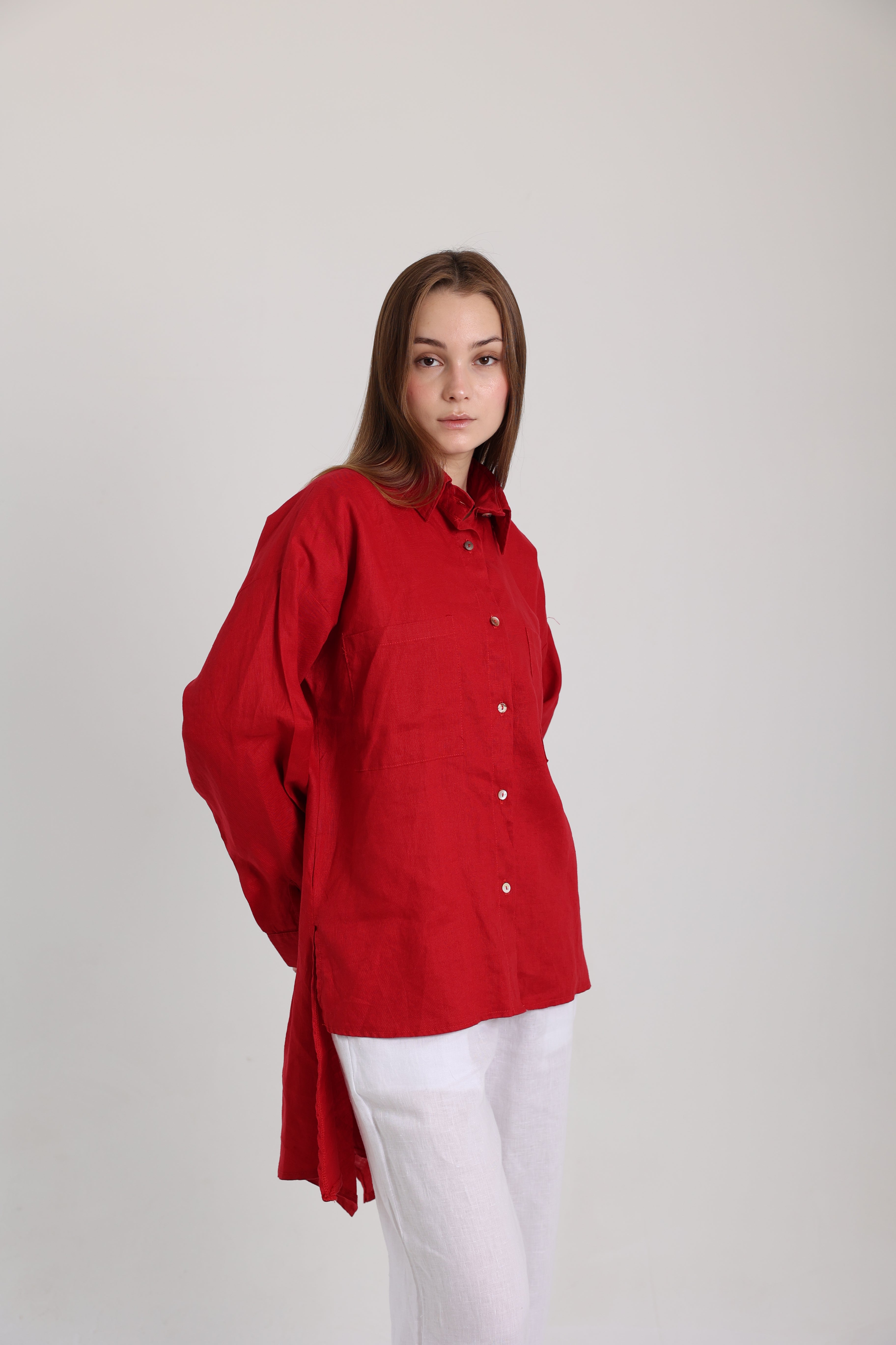 Red High-Low Linen Shirt