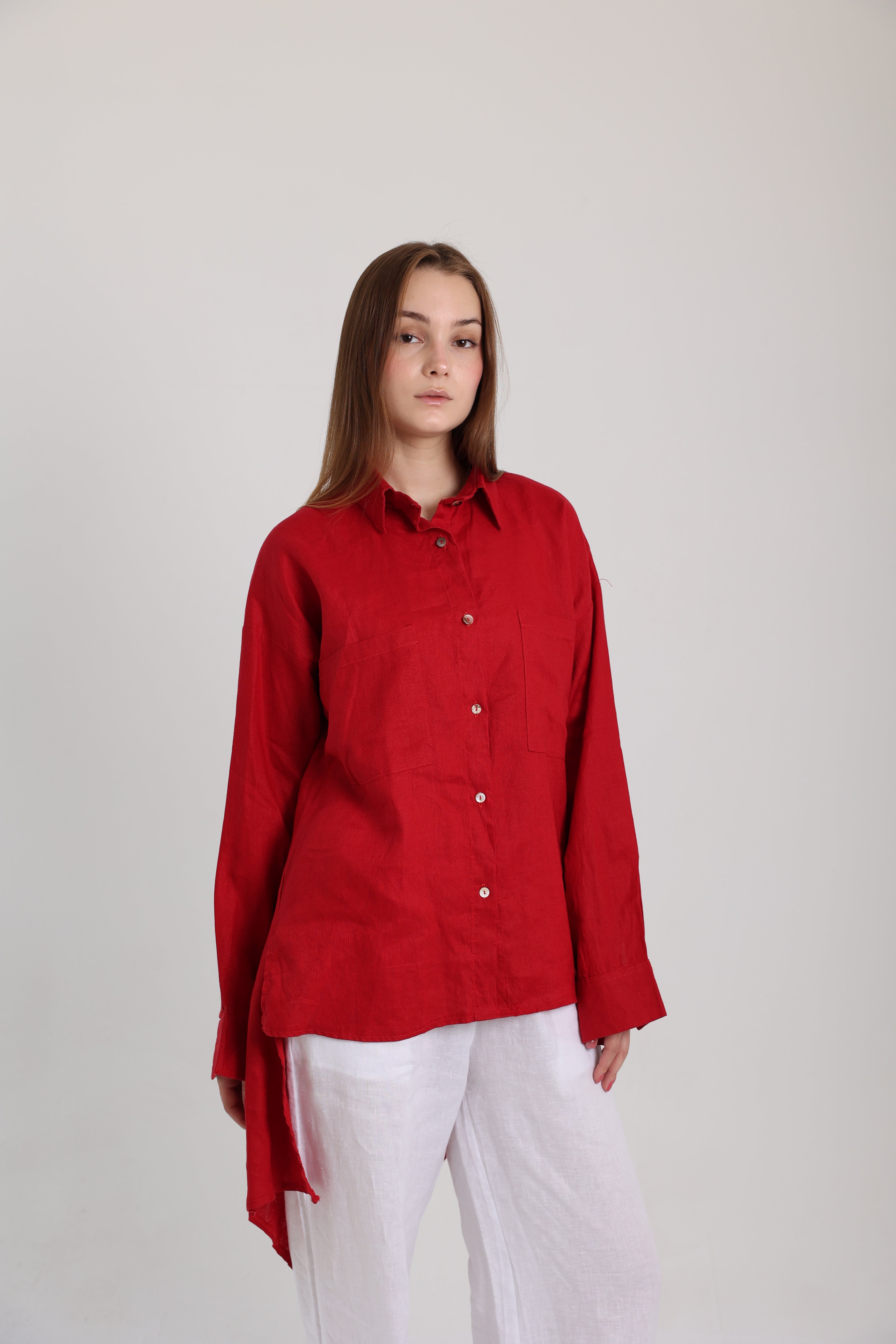 Red High-Low Linen Shirt