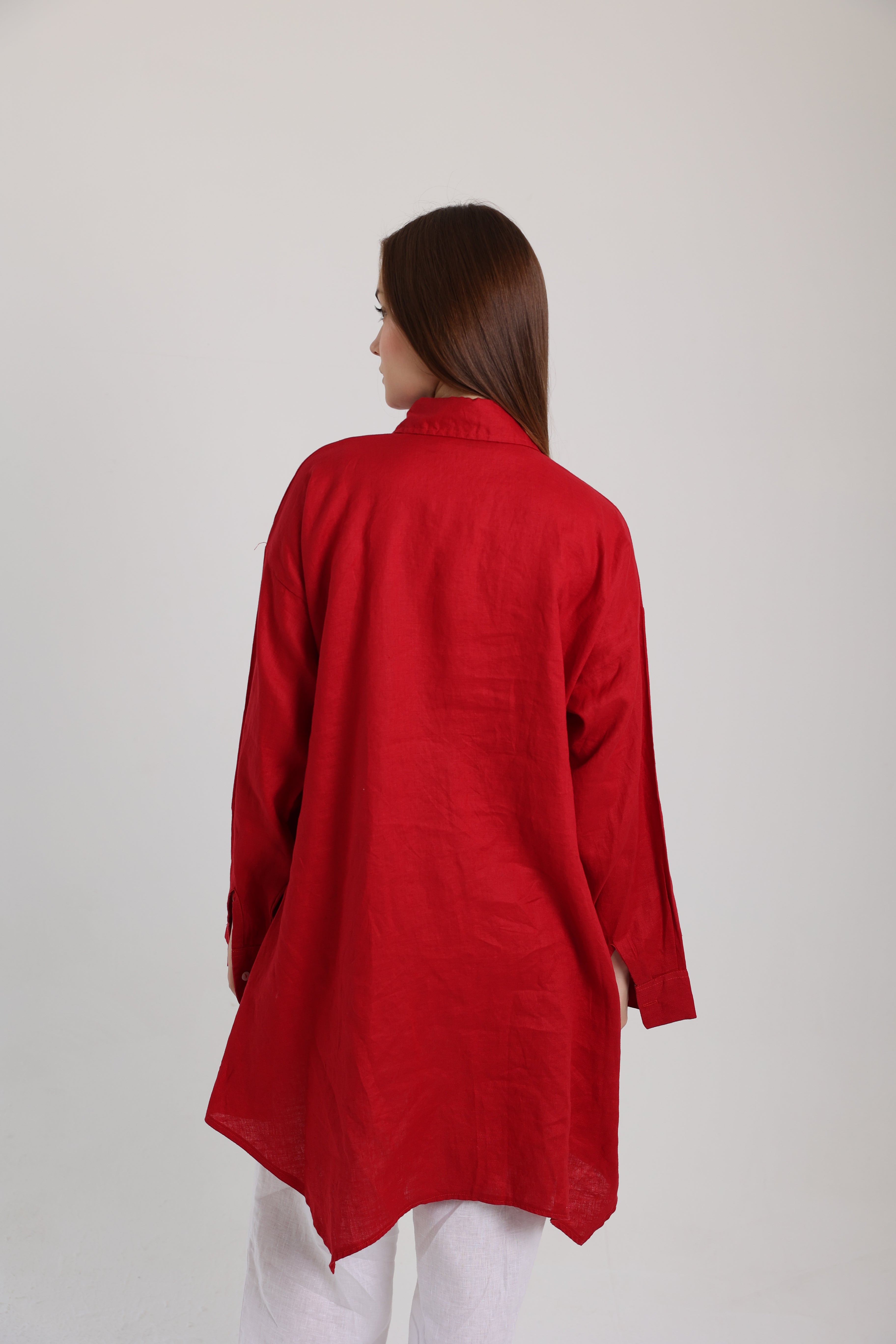 Red High-Low Linen Shirt