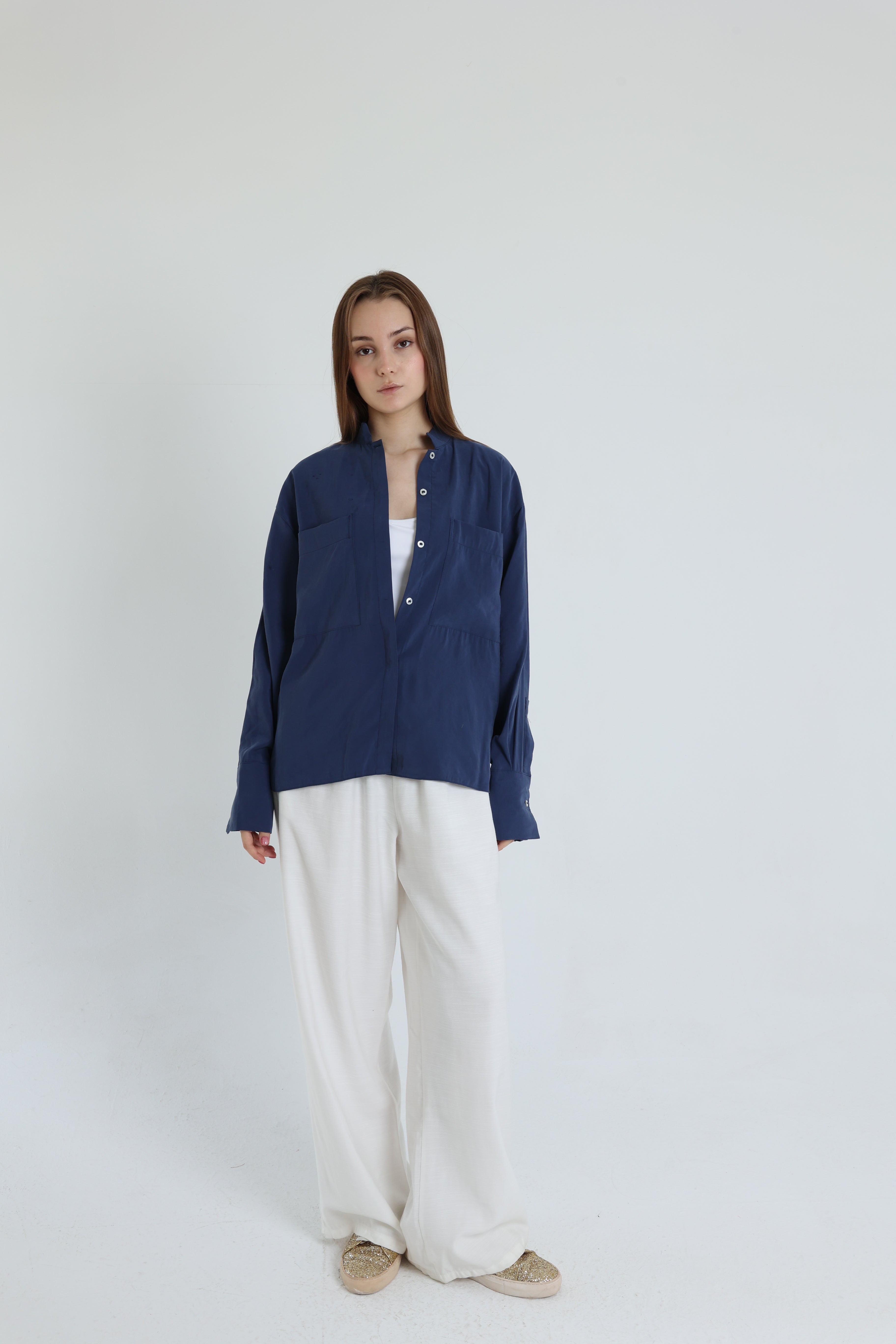 Navy blue basic suede shirt