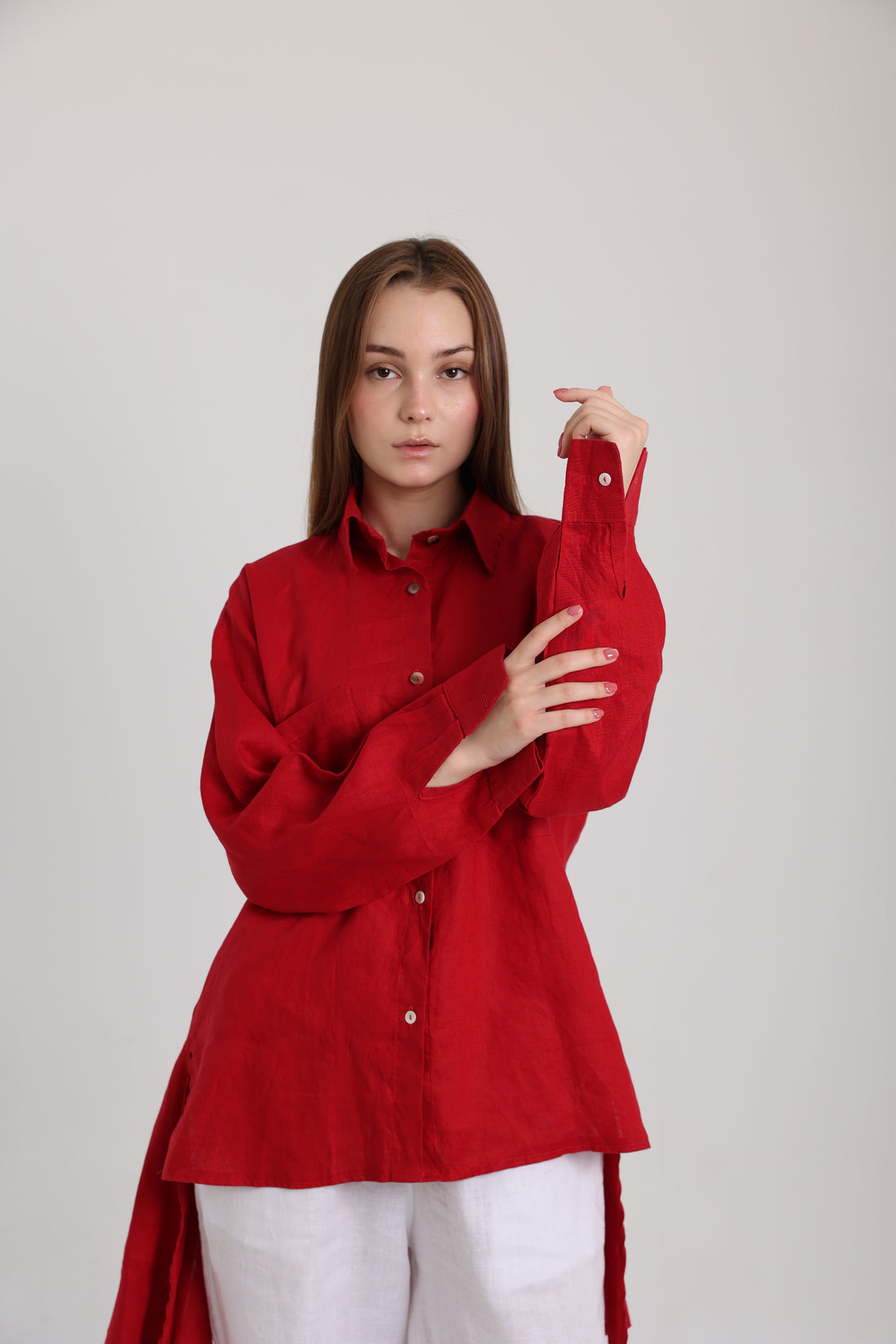Red High-Low Linen Shirt