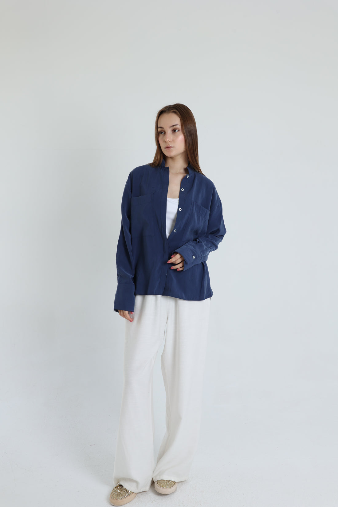 Navy blue basic suede shirt