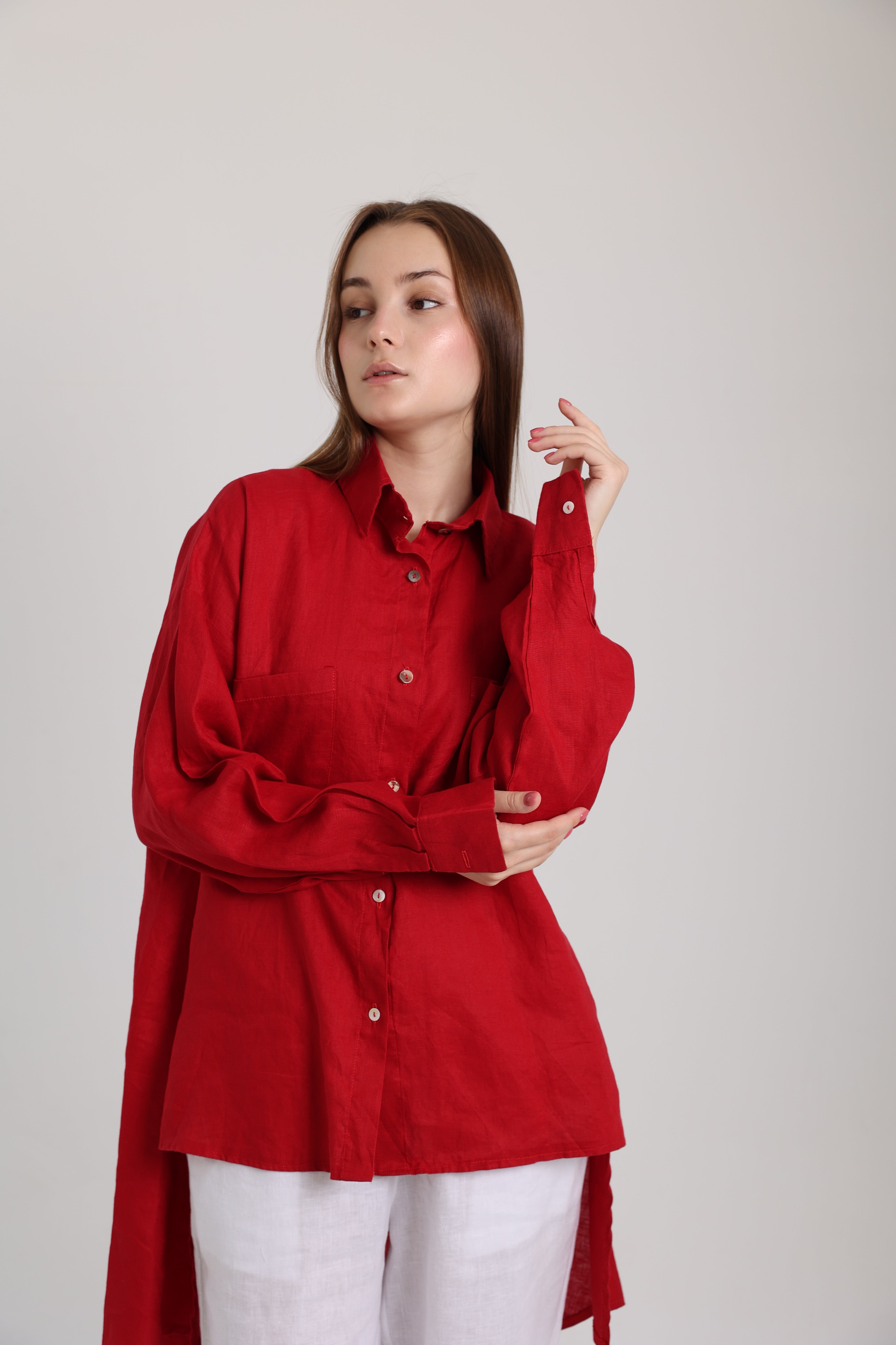 Red High-Low Linen Shirt
