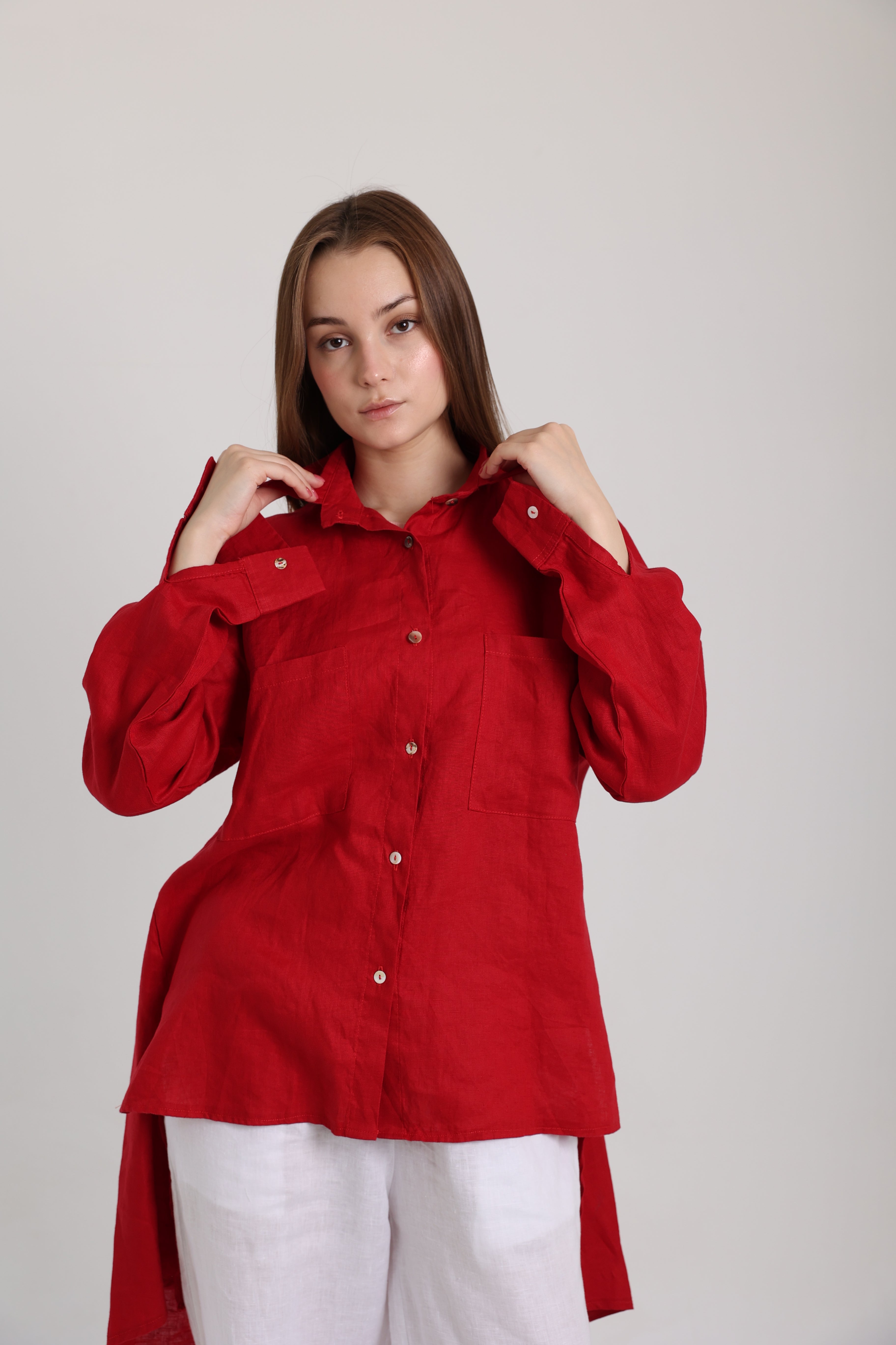 Red High-Low Linen Shirt
