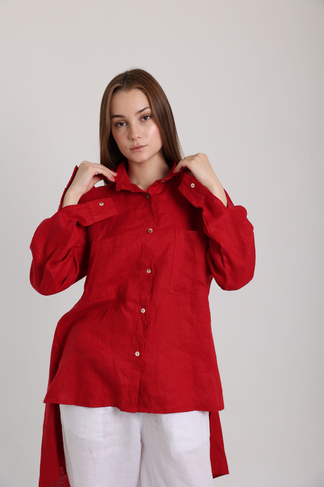 Red High-Low Linen Shirt