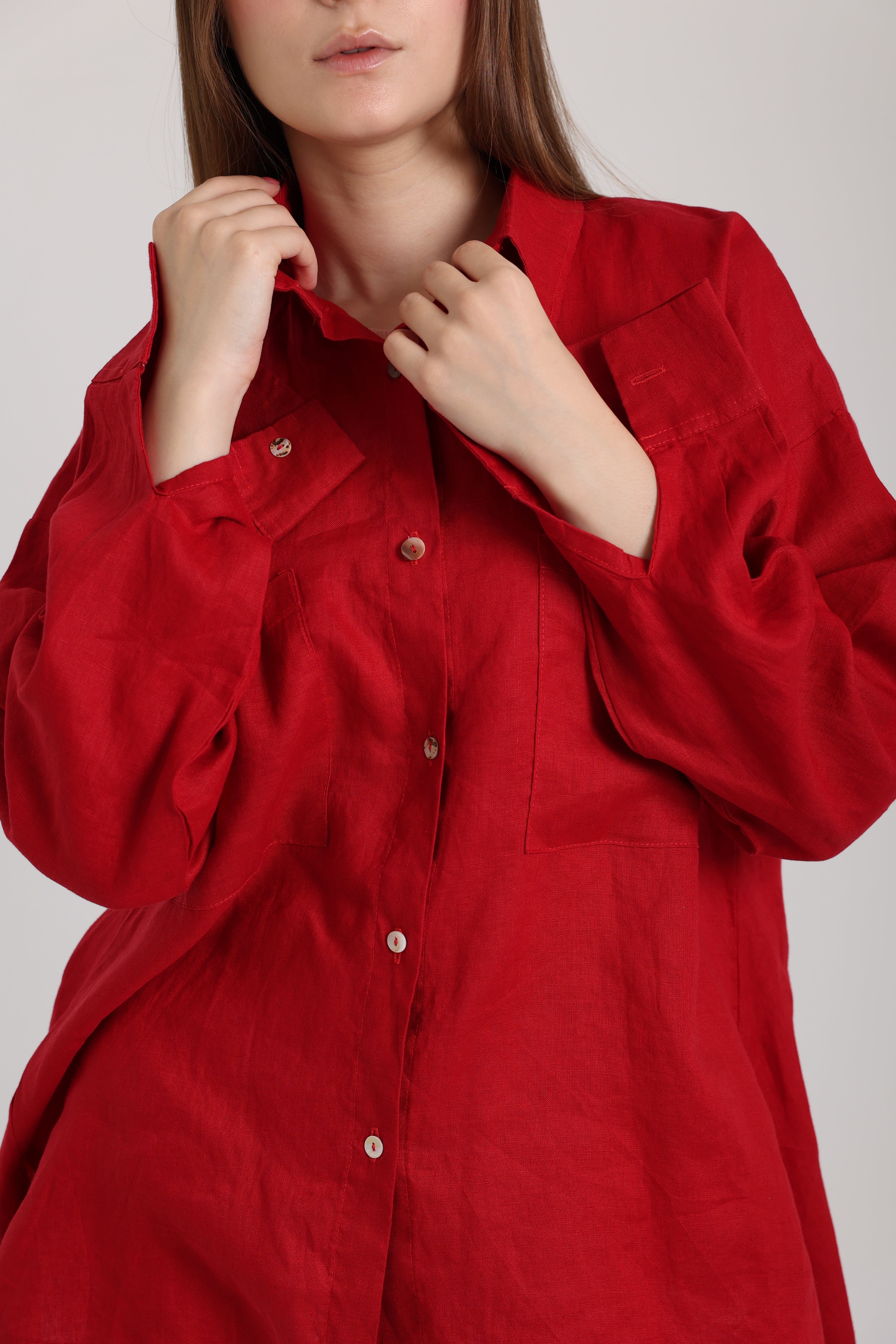 Red High-Low Linen Shirt