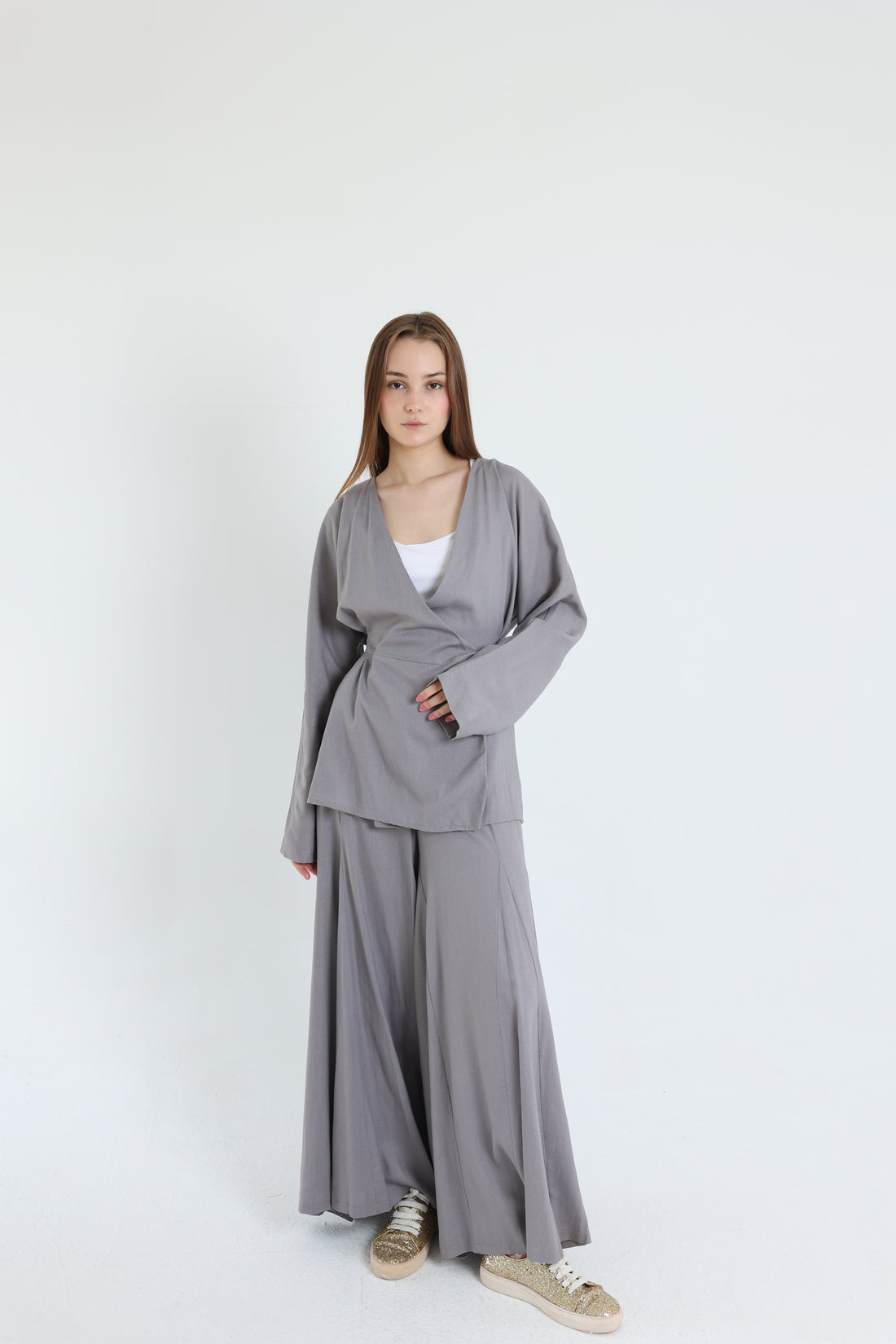 Grey Linen Croisé Shirt with Belt