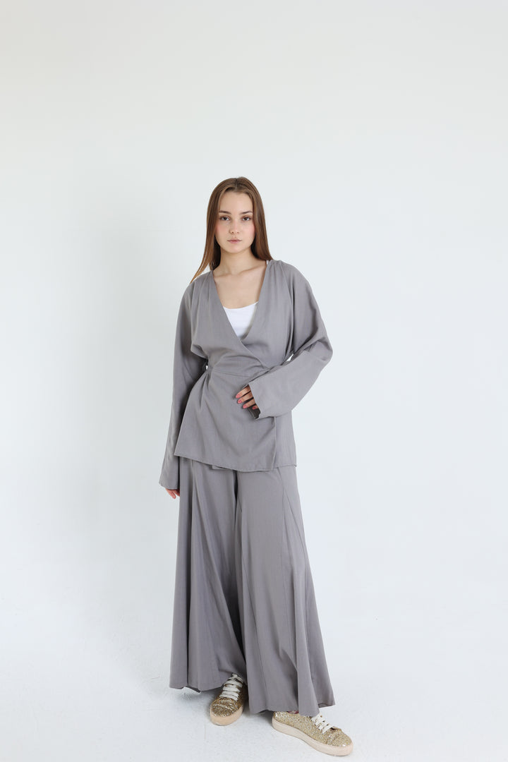 Grey Linen Croisé Shirt with Belt
