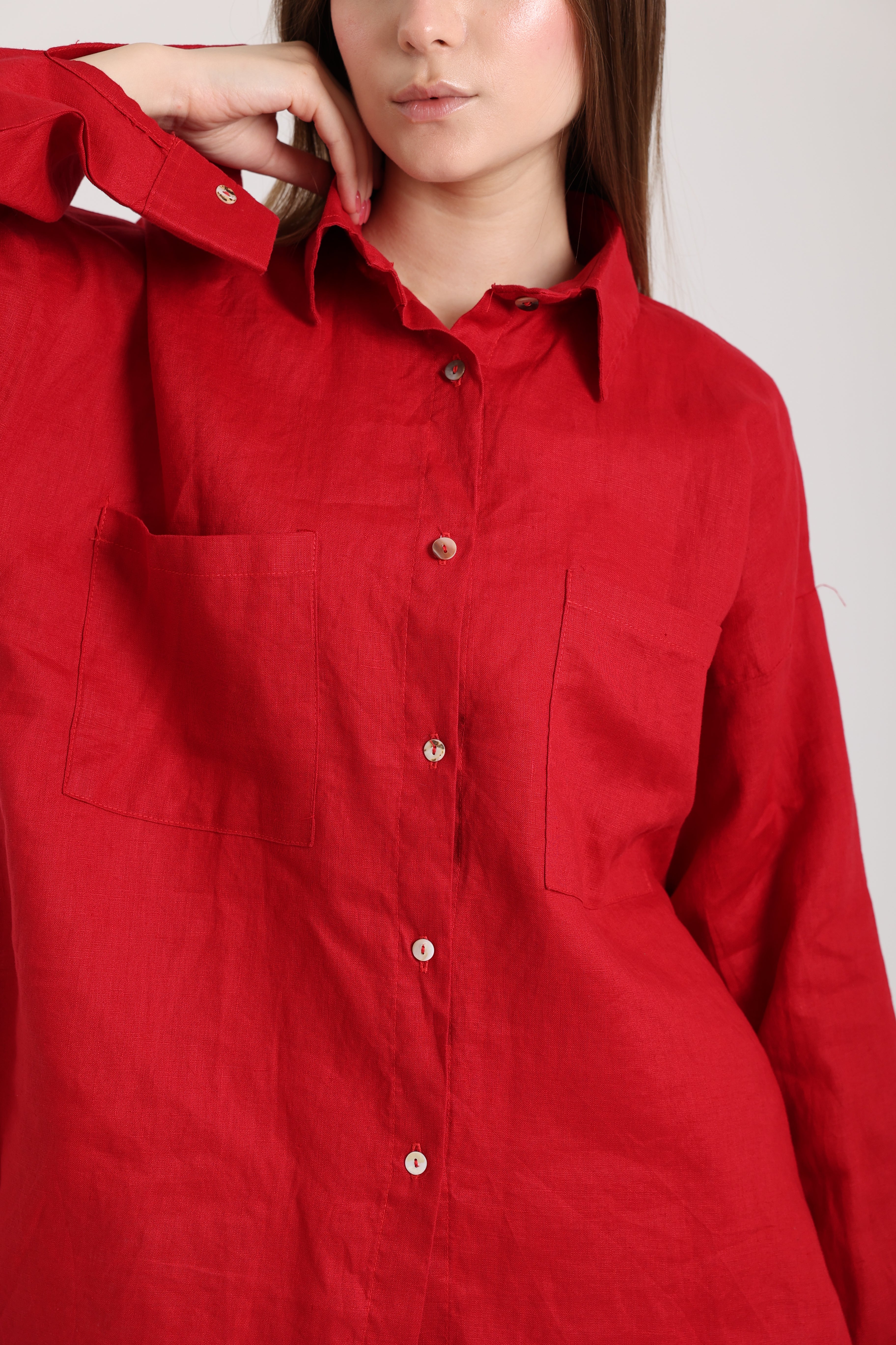 Red High-Low Linen Shirt