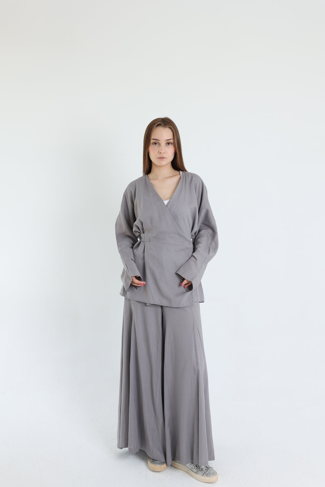 Grey Linen Croisé Shirt with Belt