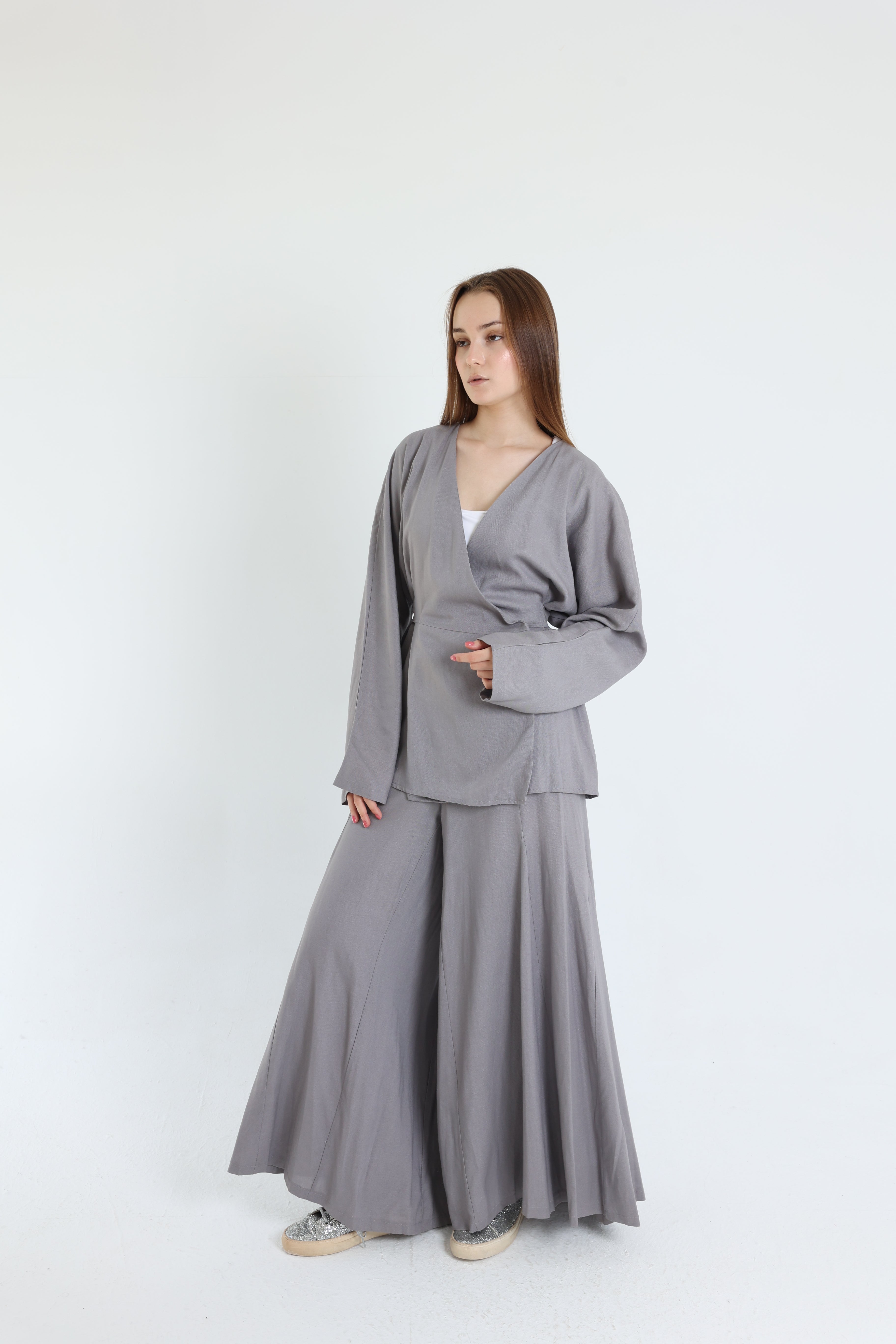 Grey Linen Croisé Shirt with Belt