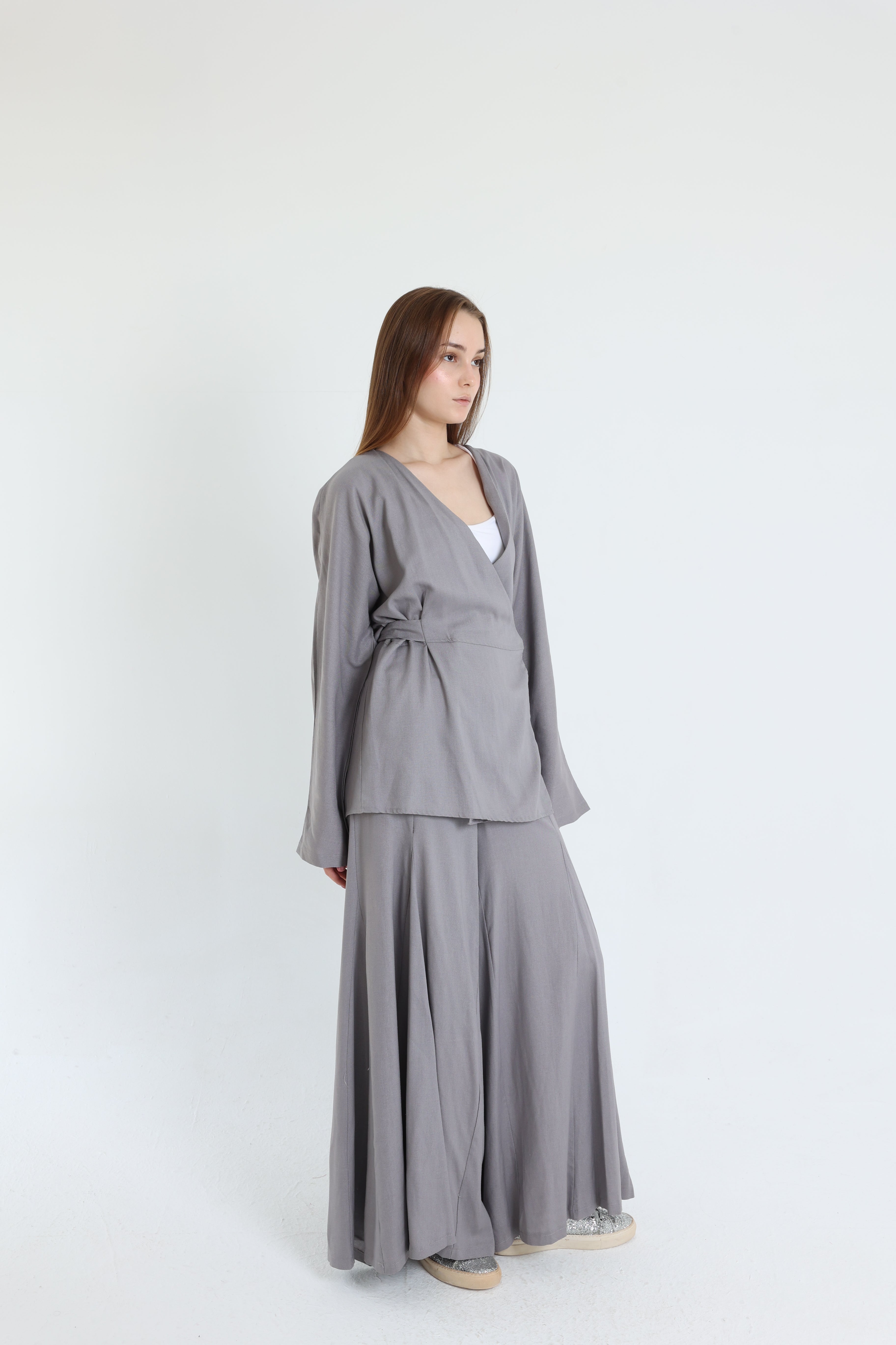 Grey Linen Croisé Shirt with Belt