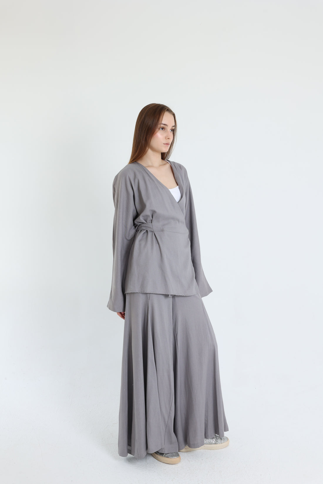 Grey Linen Croisé Shirt with Belt