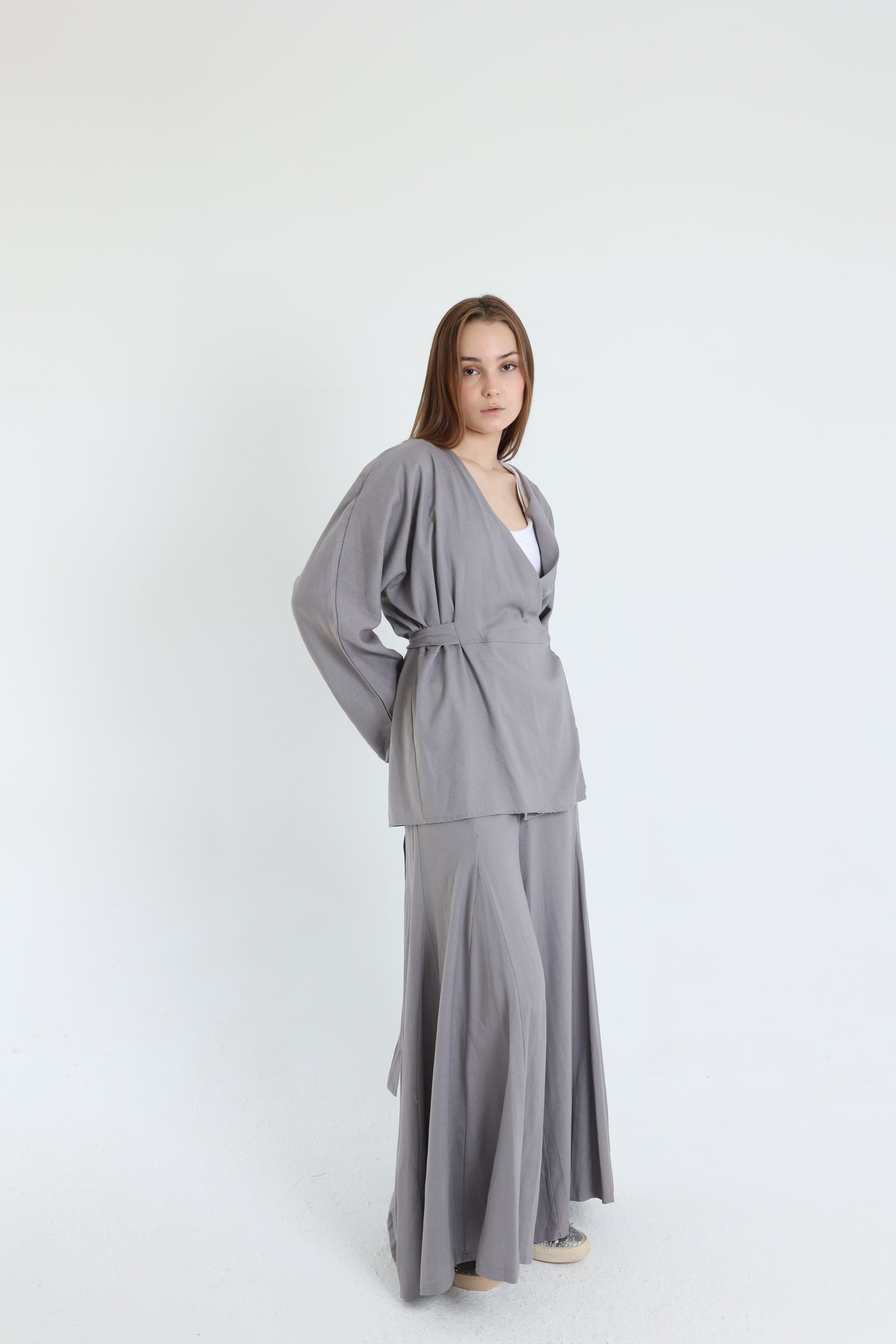 Grey Linen Croisé Shirt with Belt