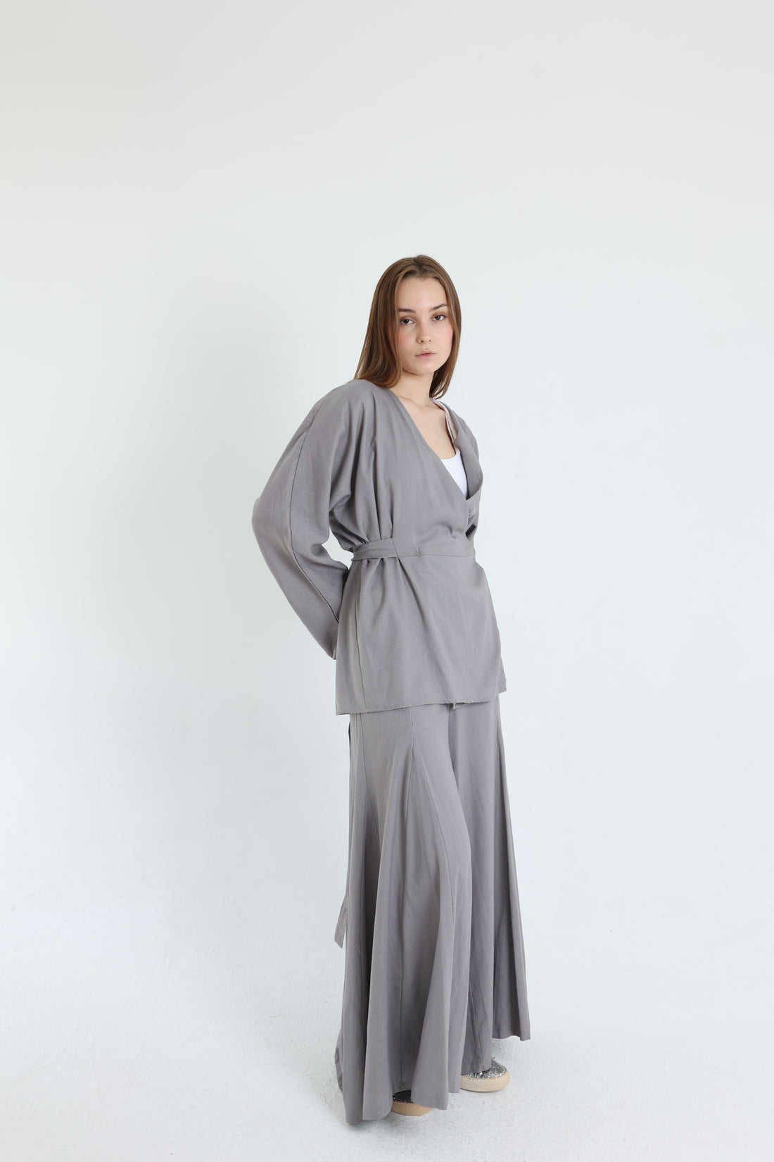 Grey Linen Croisé Shirt with Belt