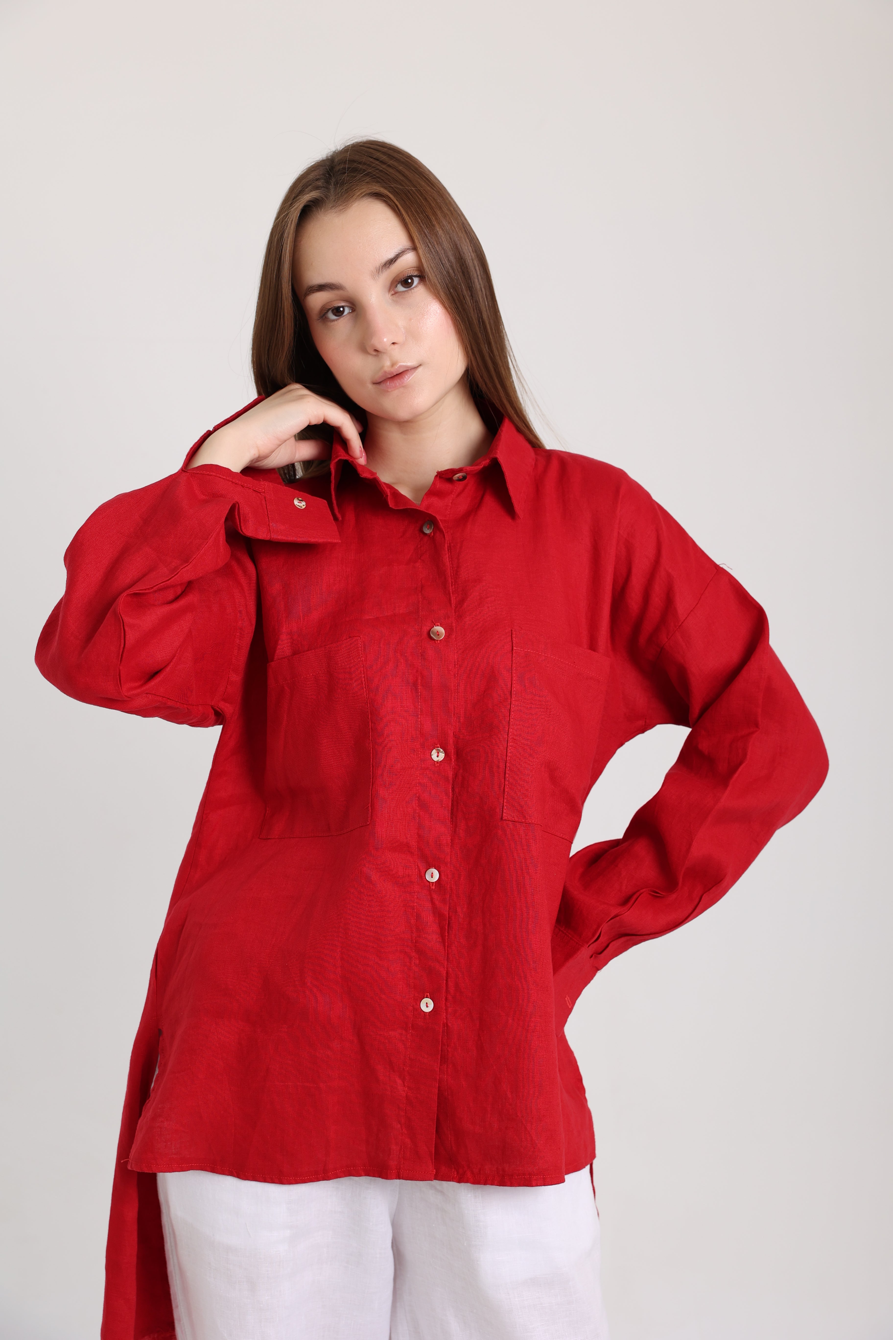 Red High-Low Linen Shirt