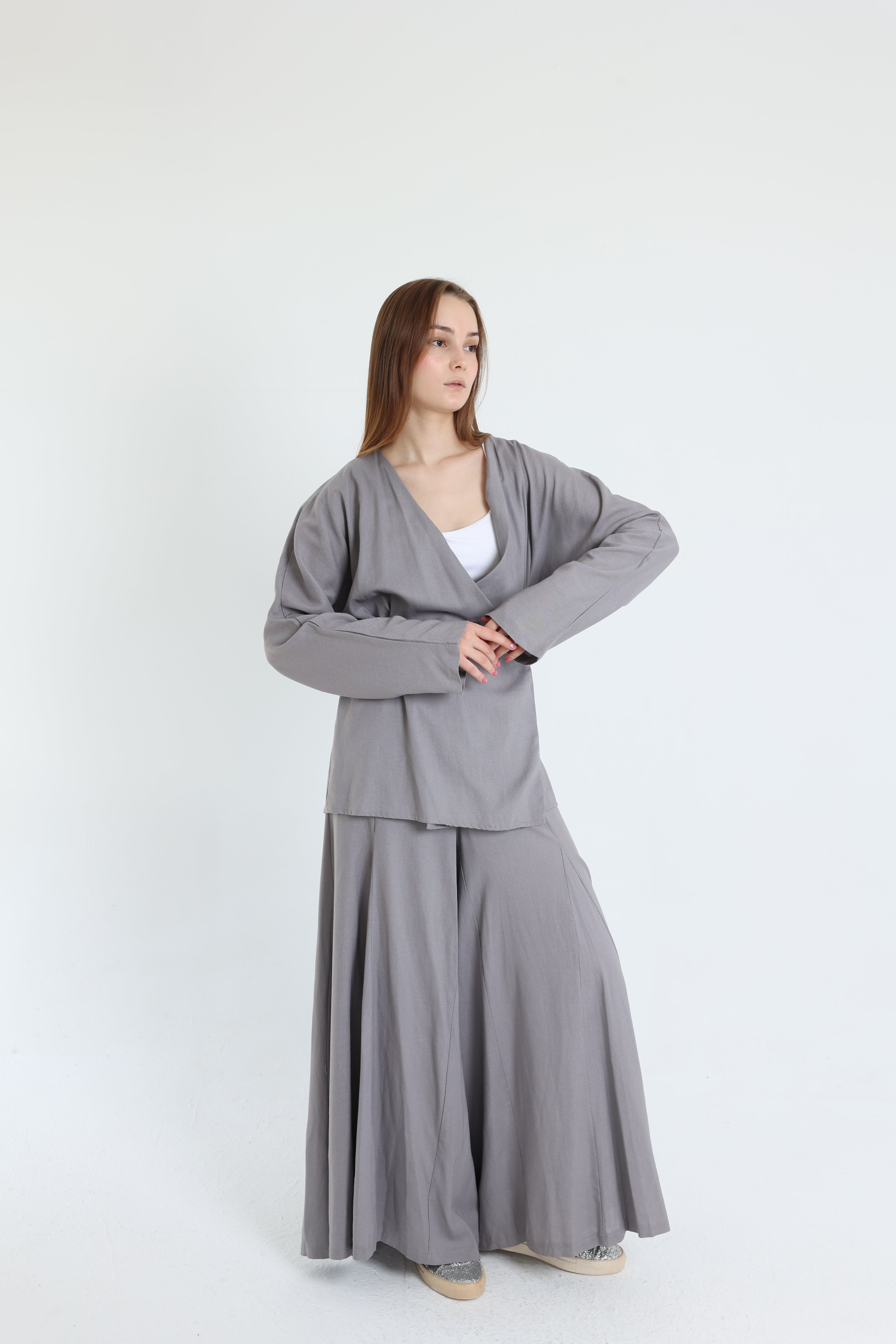 Grey Linen Croisé Shirt with Belt