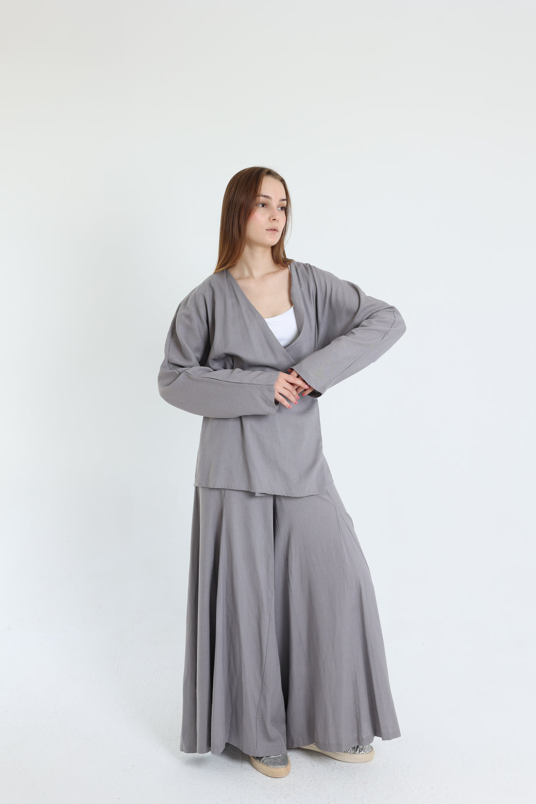 Grey Linen Croisé Shirt with Belt