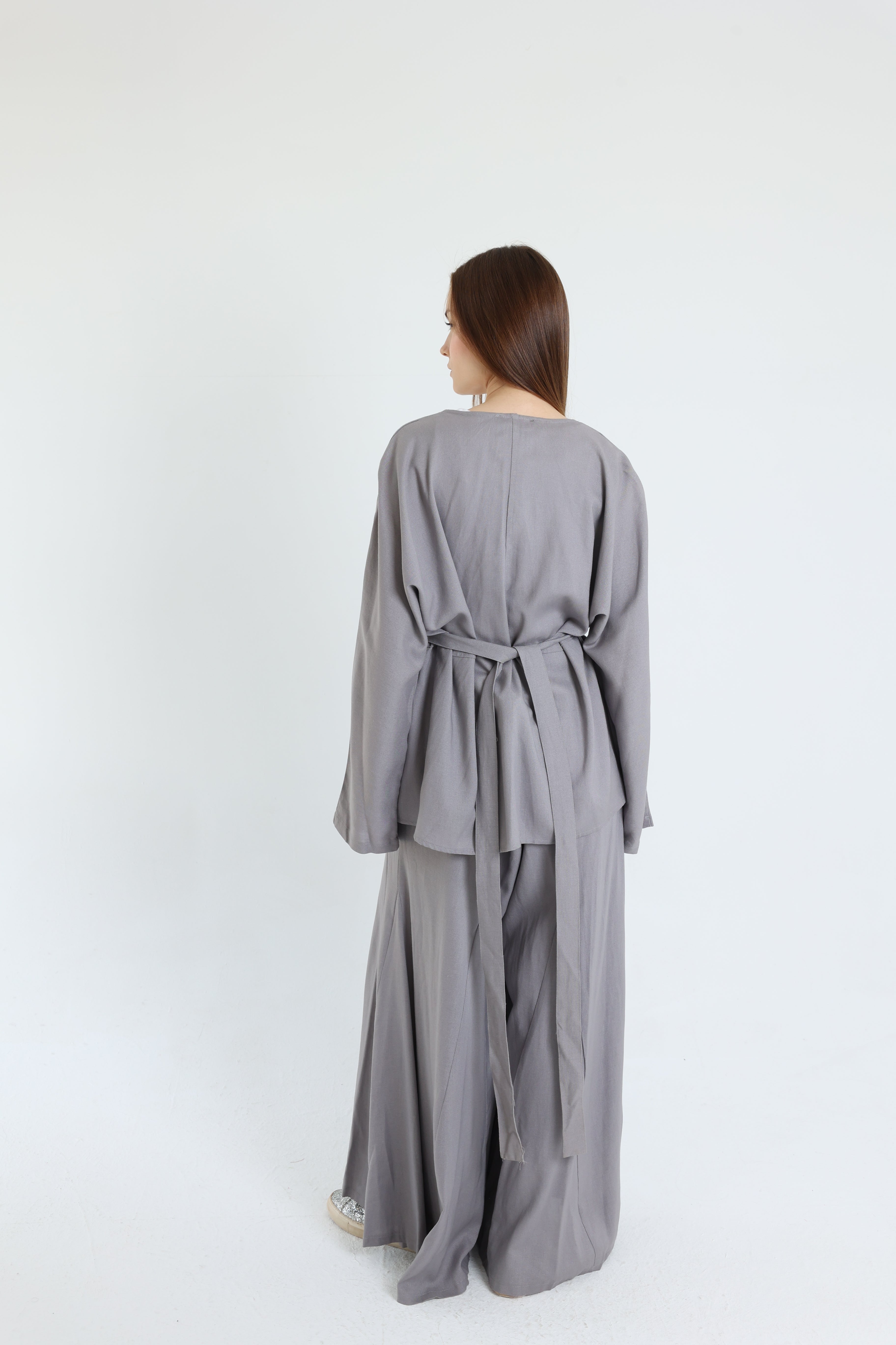 Grey Linen Croisé Shirt with Belt