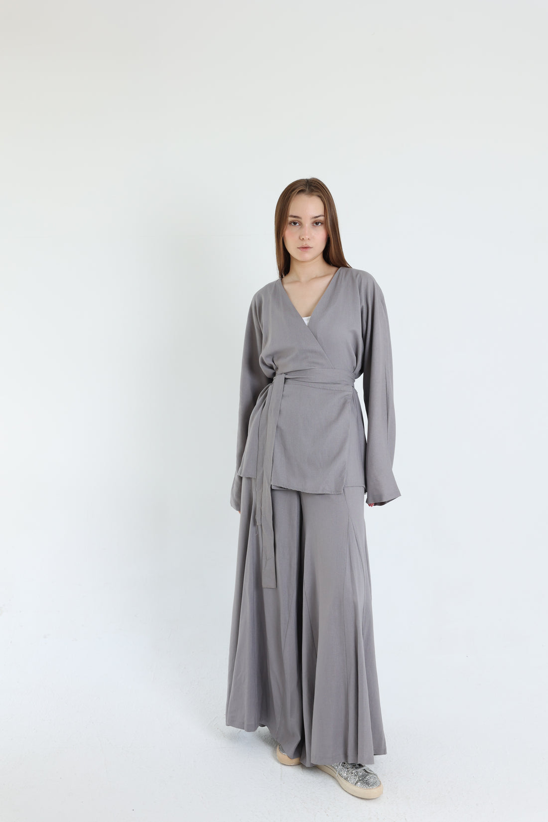 Grey Linen Croisé Shirt with Belt