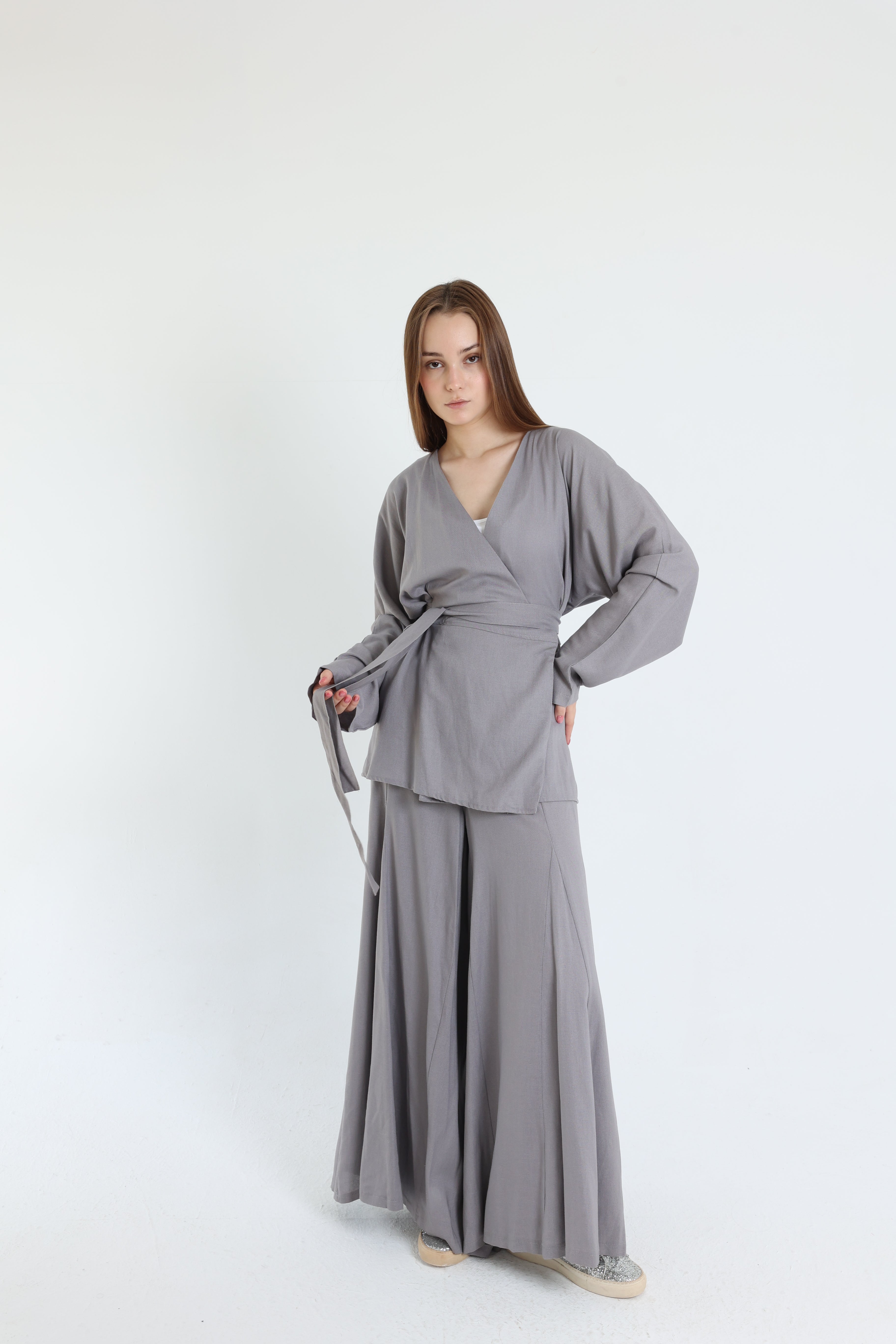 Grey Linen Croisé Shirt with Belt