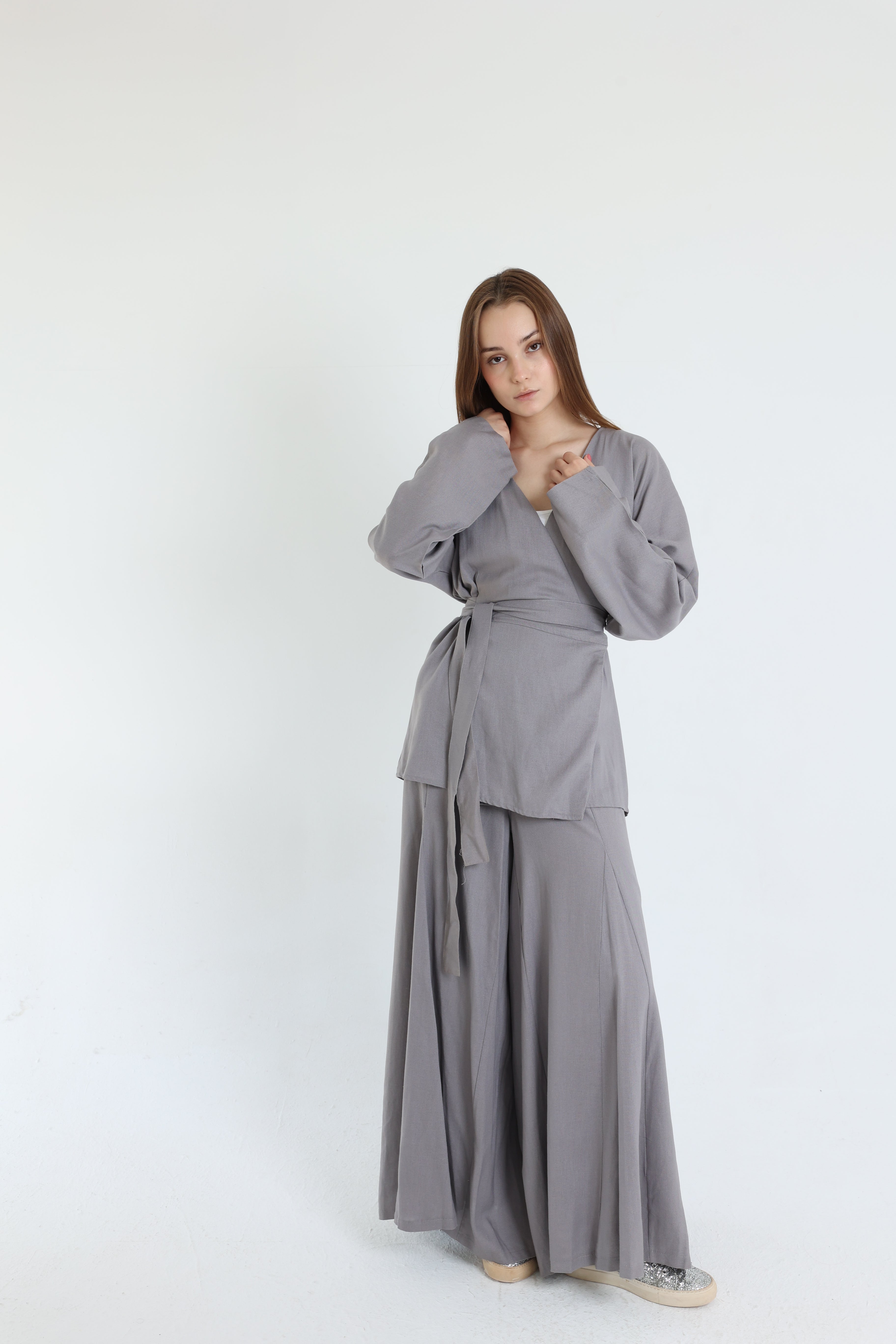 Grey Linen Croisé Shirt with Belt