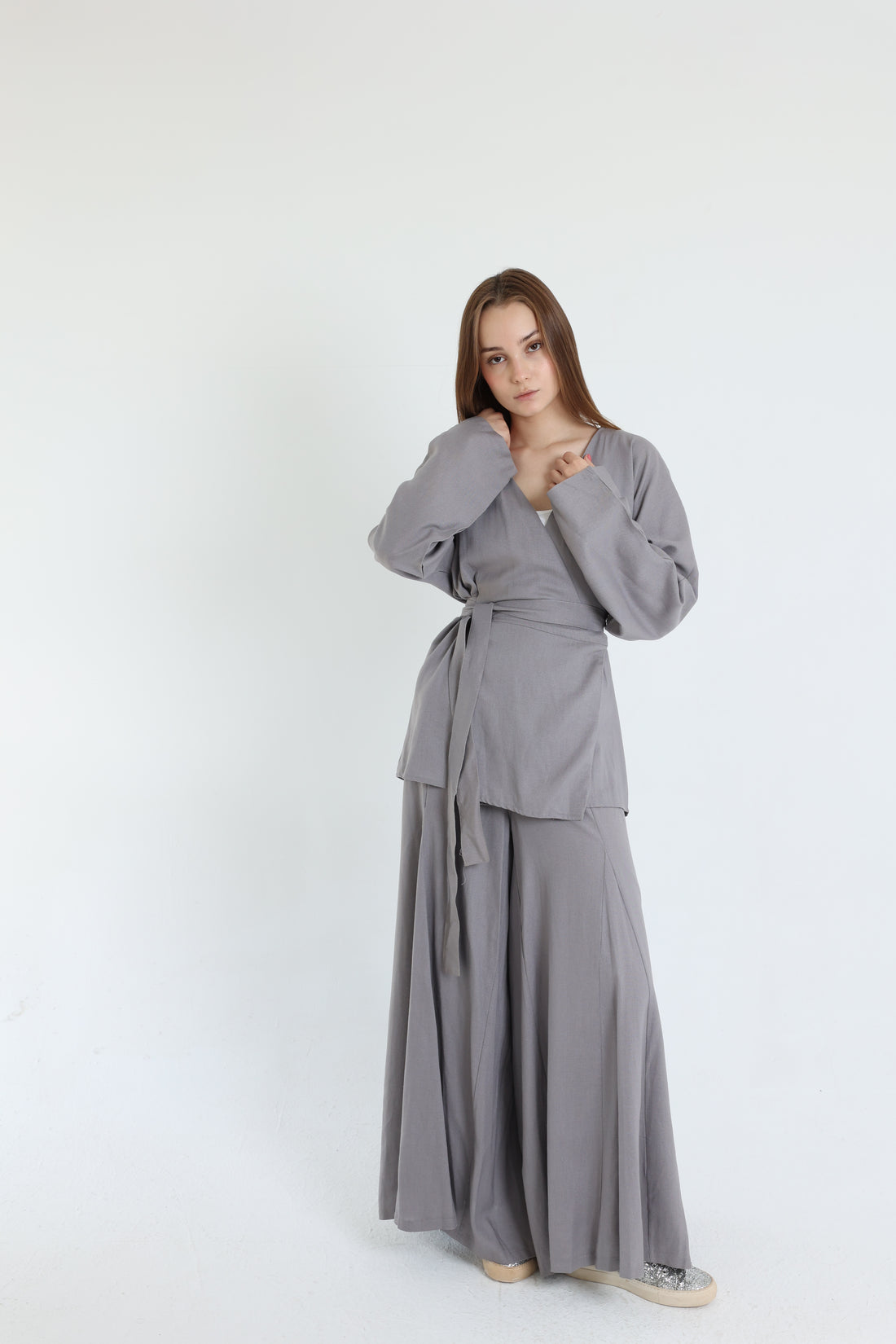 Grey Linen Croisé Shirt with Belt