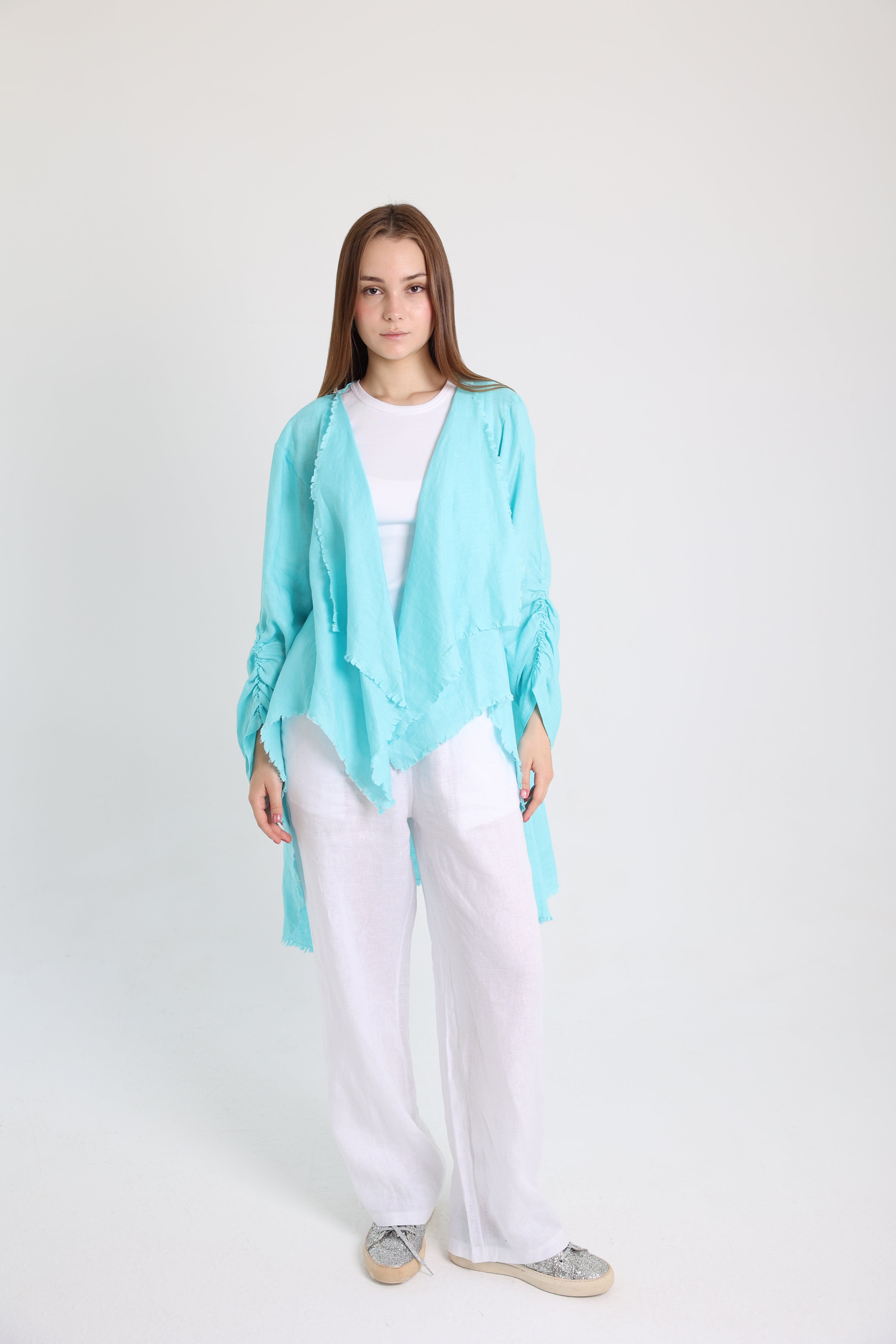 Turquoise high-low croise buttoned cardigan
