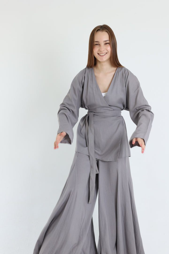 Grey Linen Croisé Shirt with Belt