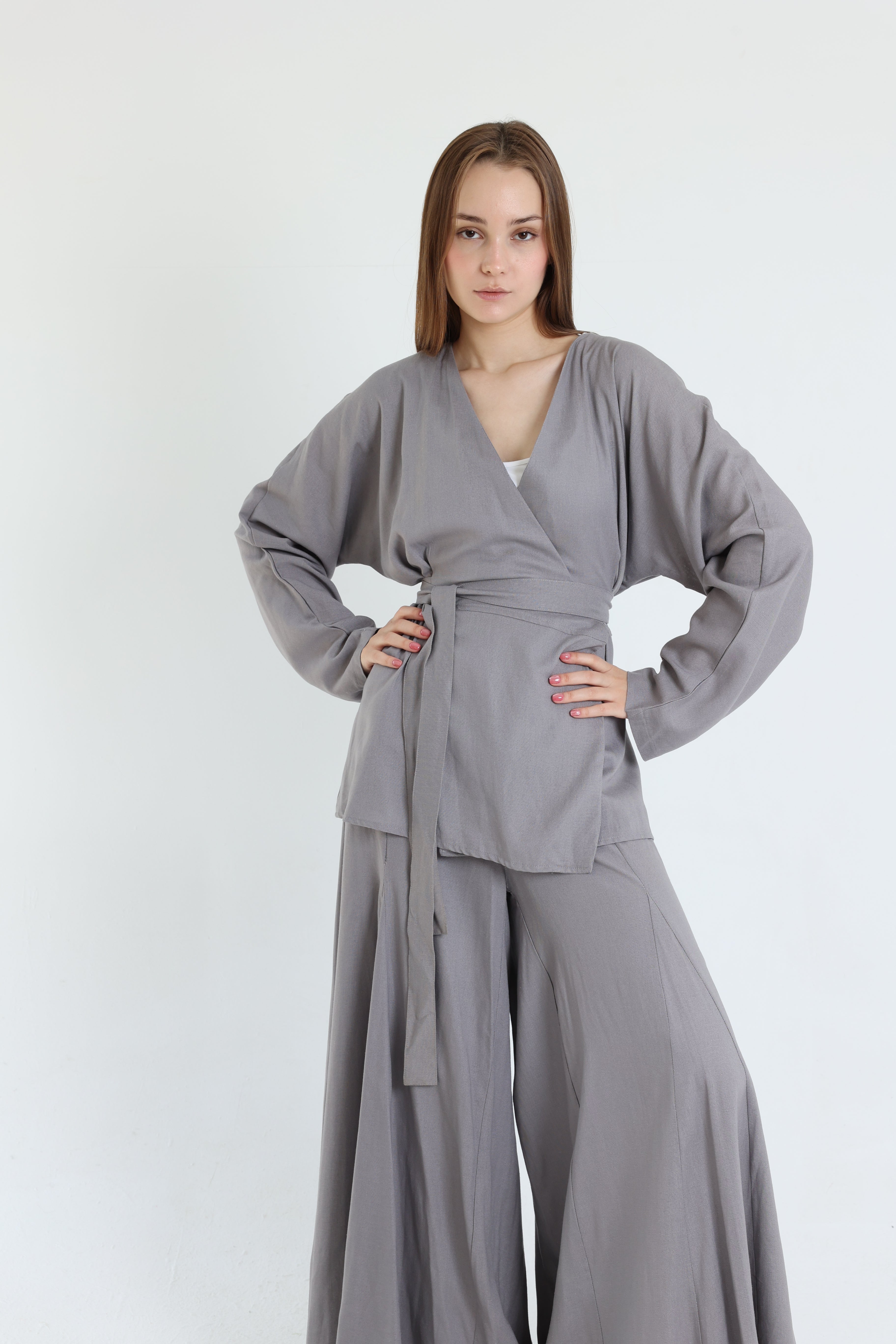 Grey Linen Croisé Shirt with Belt