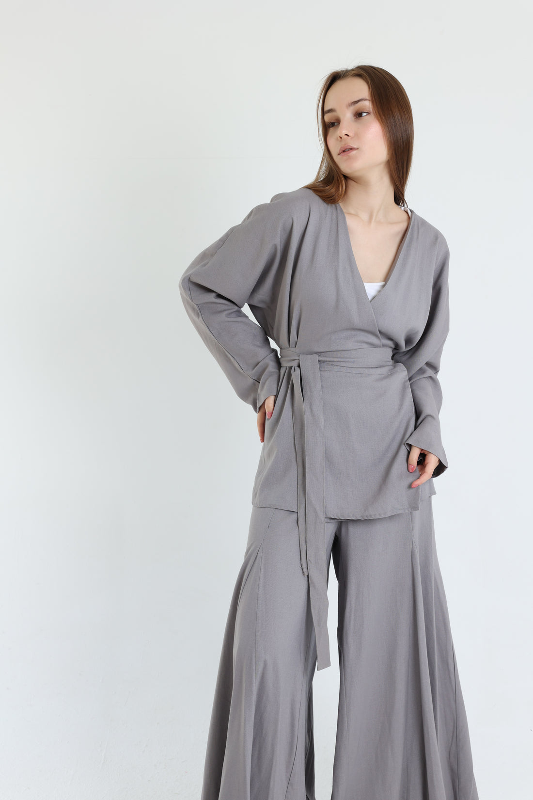 Grey Linen Croisé Shirt with Belt