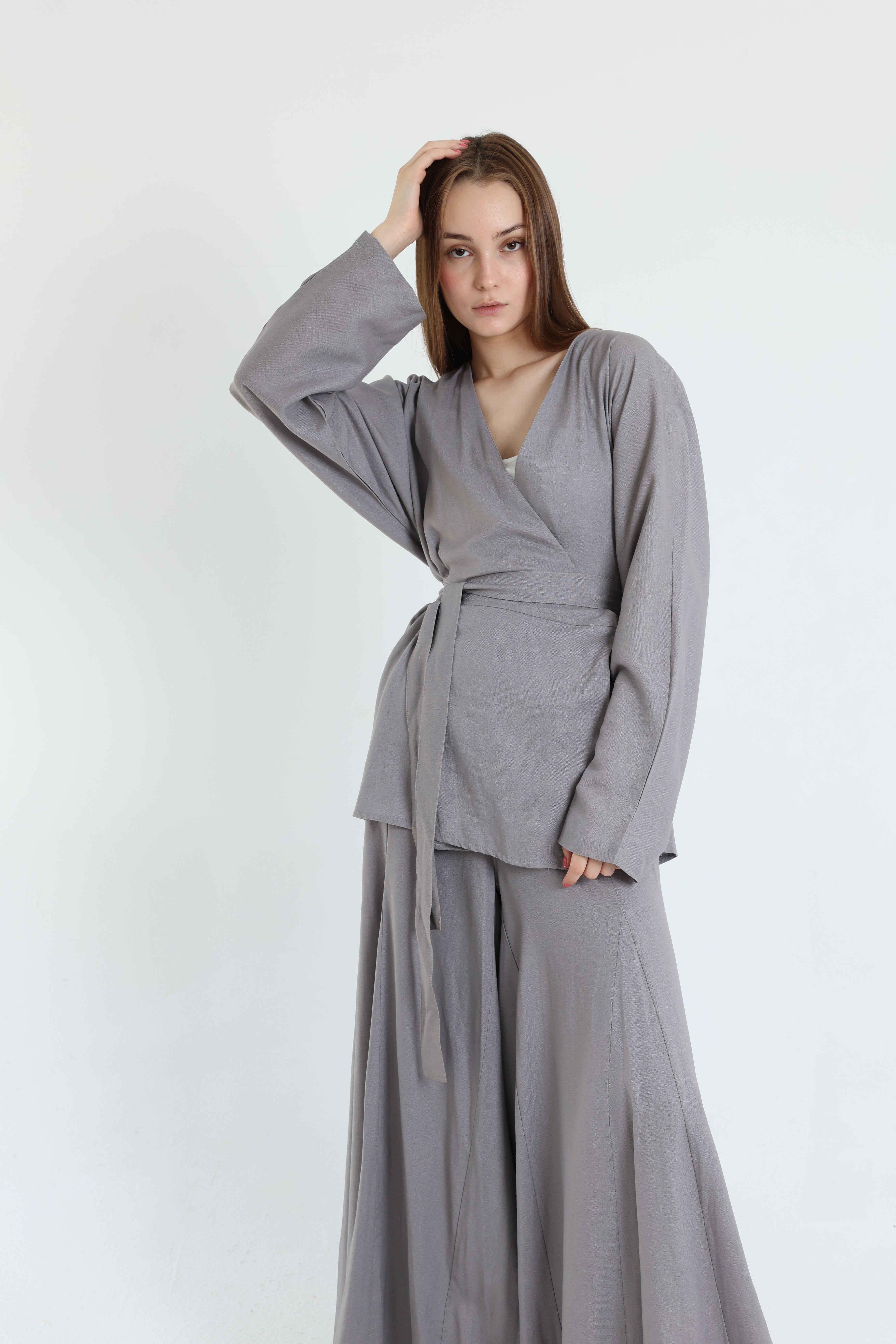 Grey Linen Croisé Shirt with Belt
