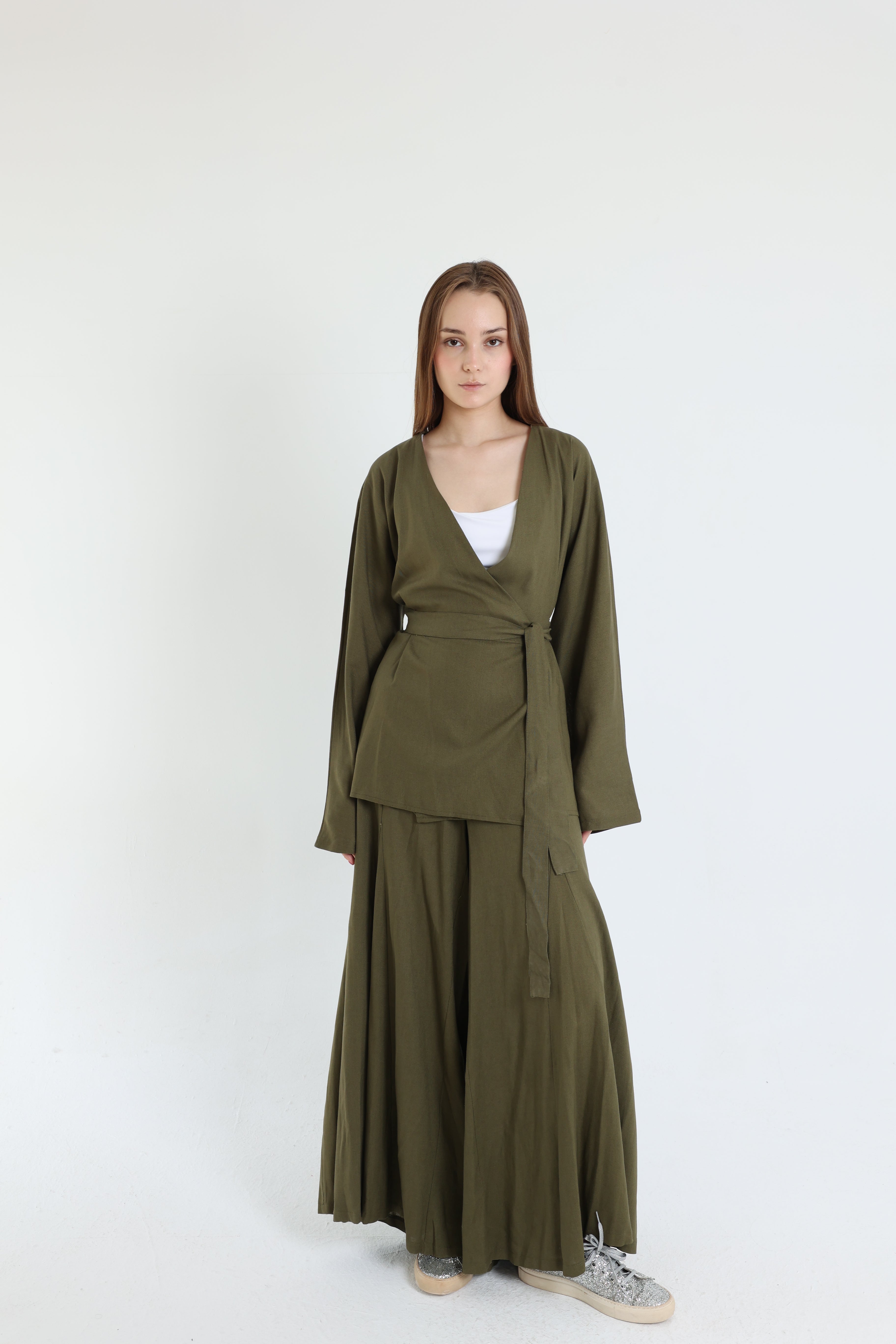 Olive Linen Croisé Shirt with Belt