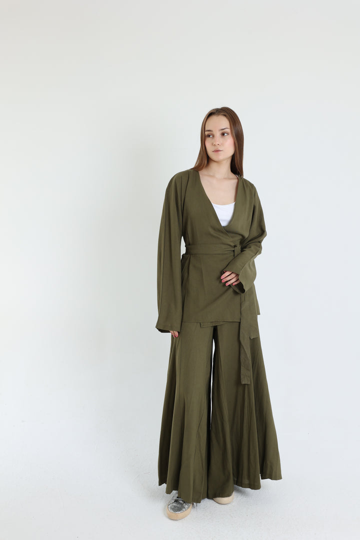 Olive Linen Croisé Shirt with Belt