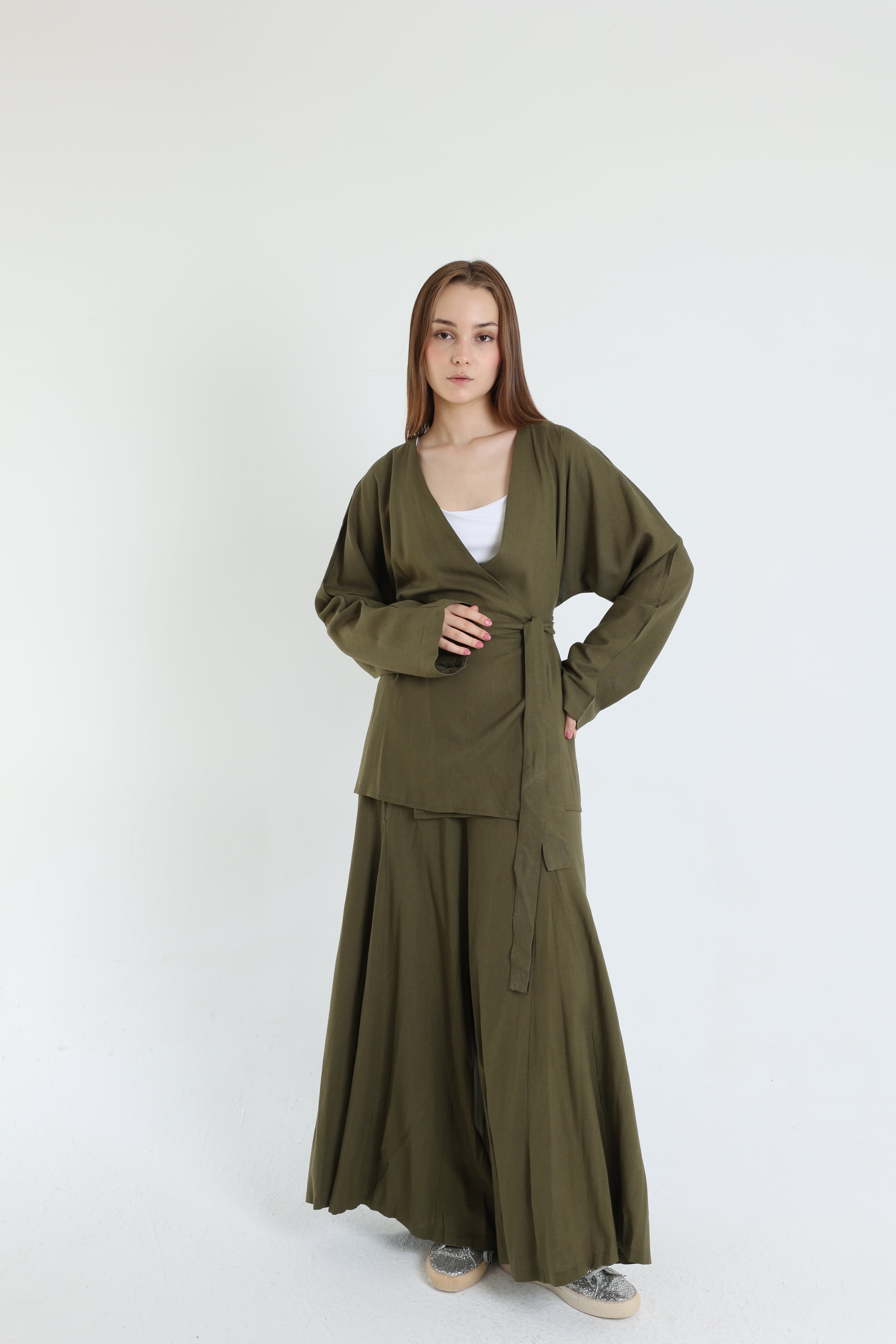 Olive Linen Croisé Shirt with Belt