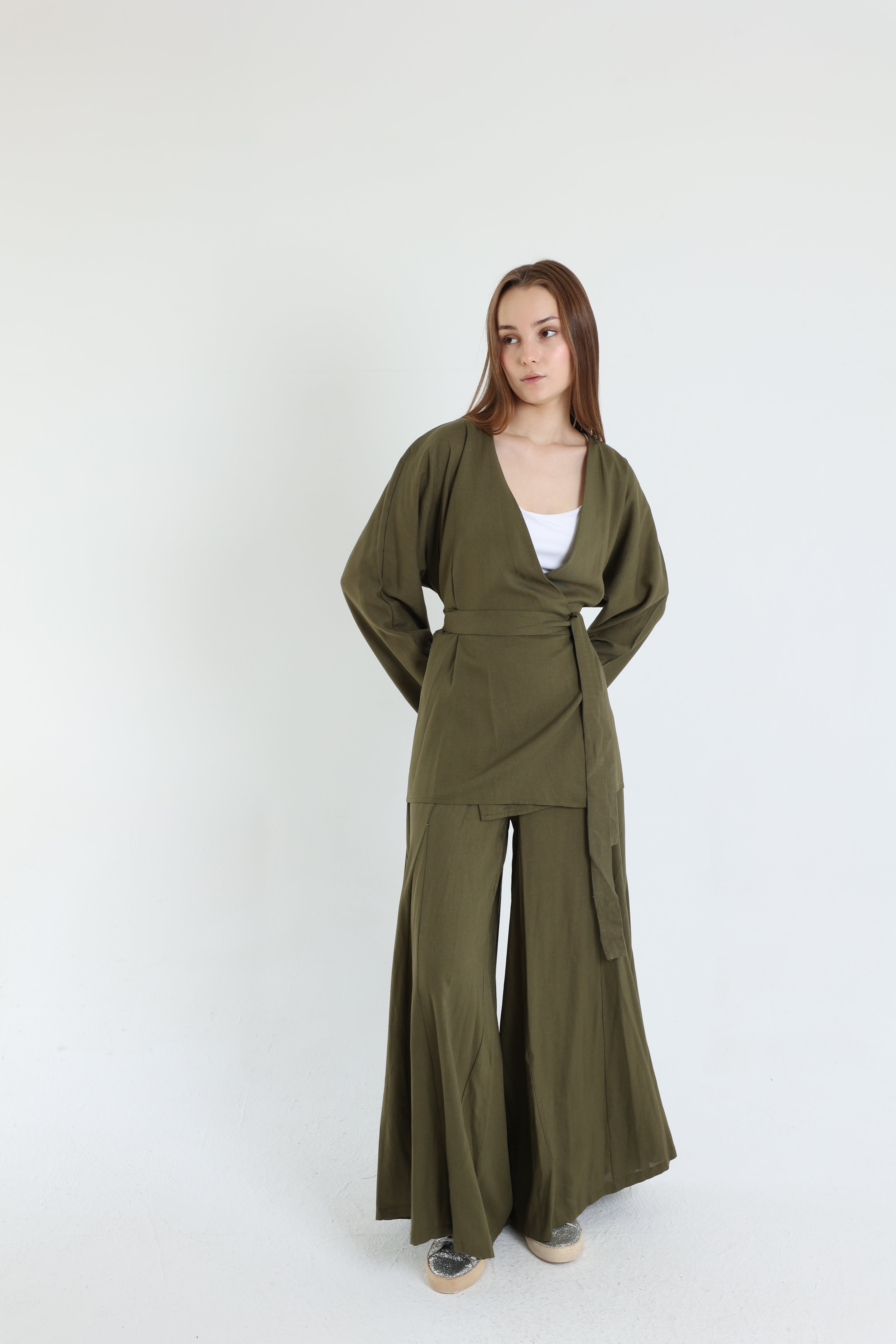 Olive Linen Croisé Shirt with Belt