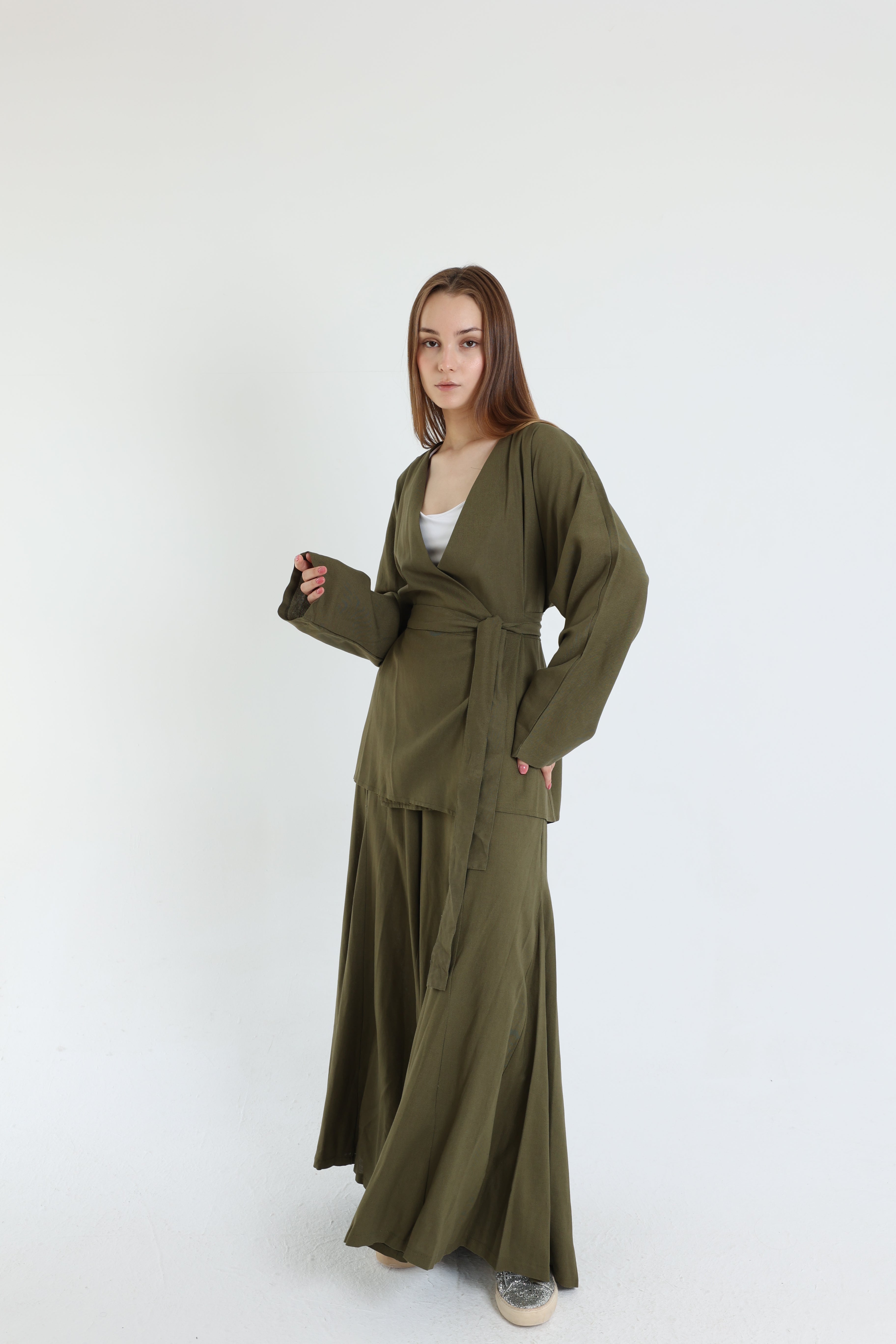 Olive Linen Croisé Shirt with Belt